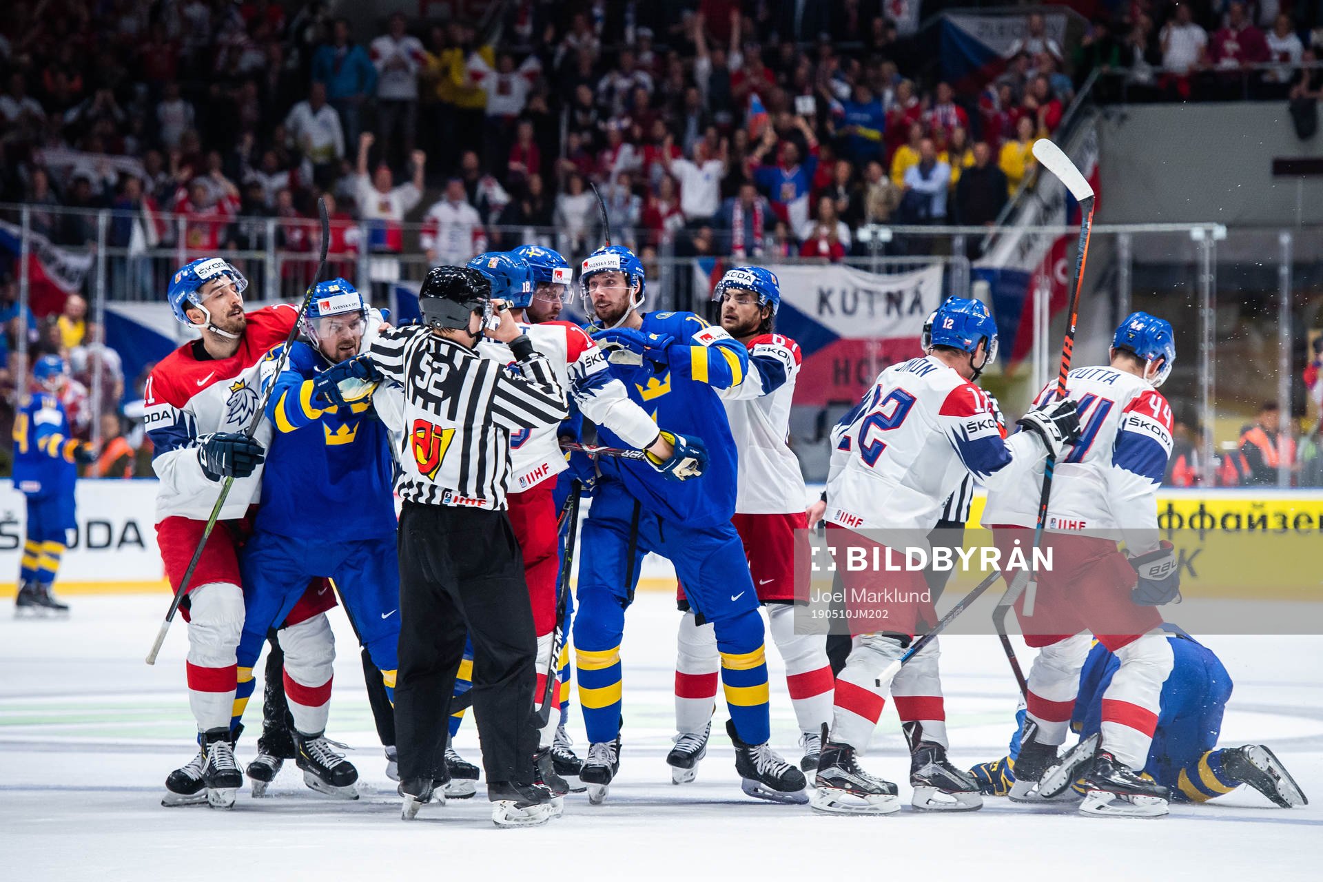 Anton Lander and Marcus Pettersson of Sweden fights Ondrej