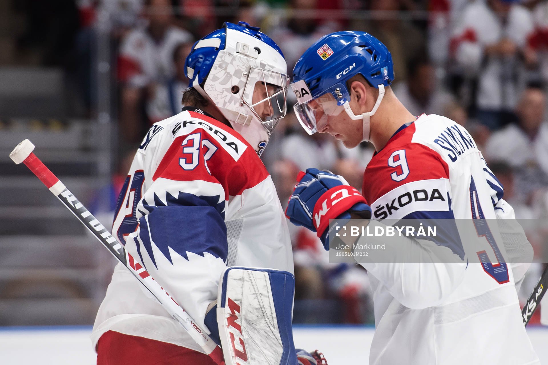 Goaltender Patrik Bartosak and David Sklenicka of Czech