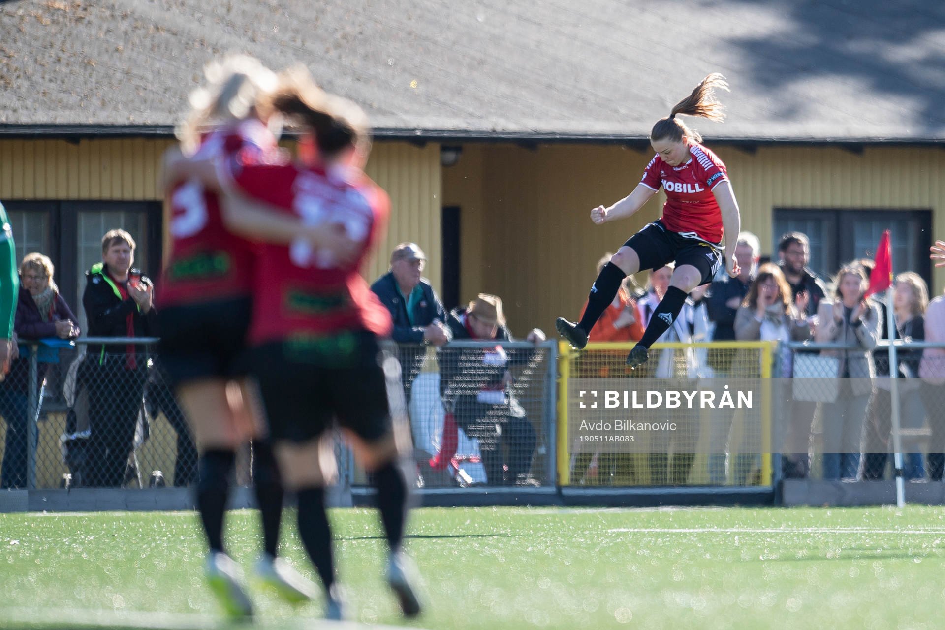 Limhamn Bunkeflos Andrea Thorisson jublar efter 3-2 måletunder fotbollsmatchen i Damallsvenskan mellan Limhamn Bunkeflo och Rosengård den 11 Maj 2019 i Malmö.