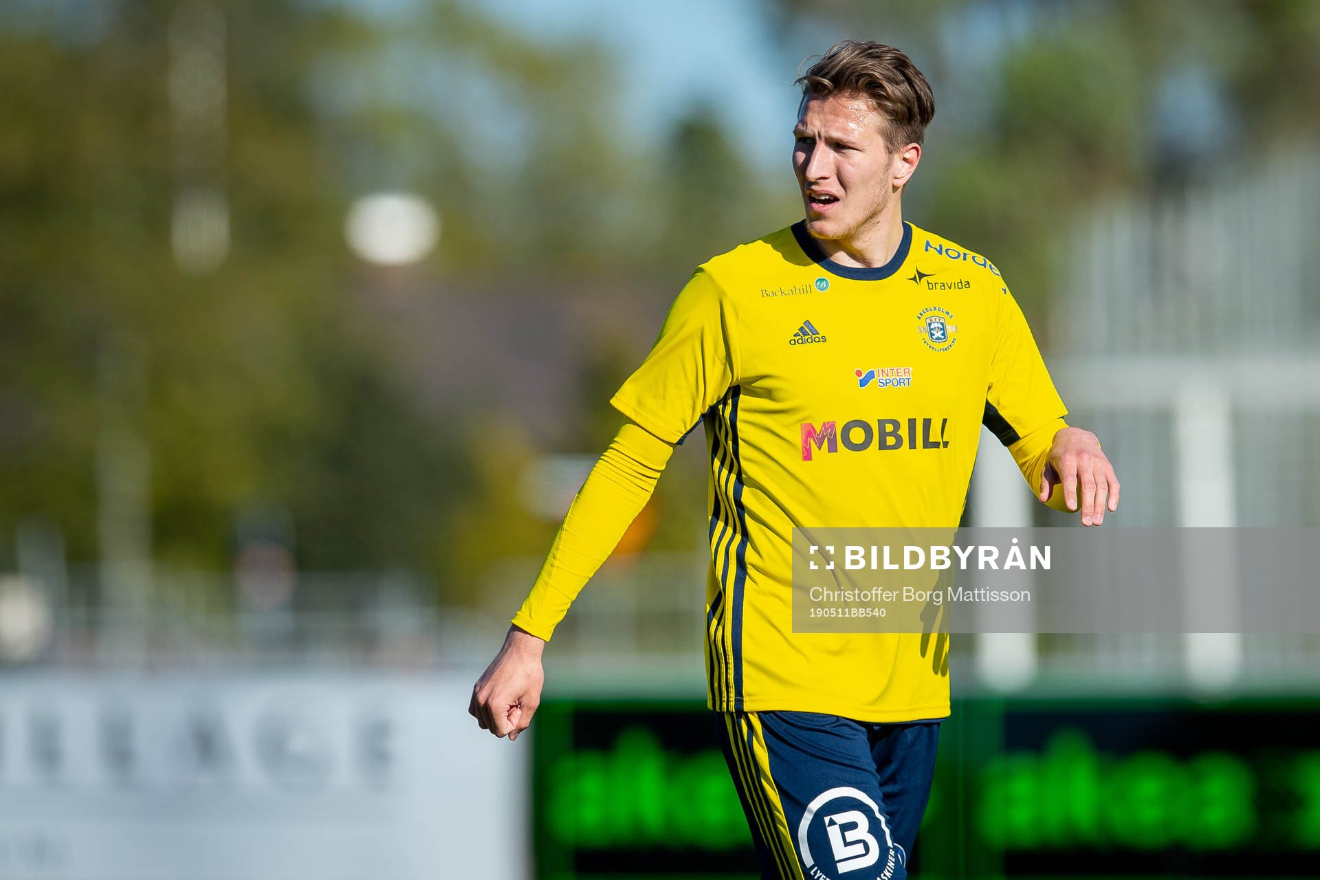 Ängelholms Stephan Olsson under fotbollsmatchen i Division 2 Västra Götaland mellan Ängelholm och Prespa Birlik den 11 maj 2019 i Ängelholm.