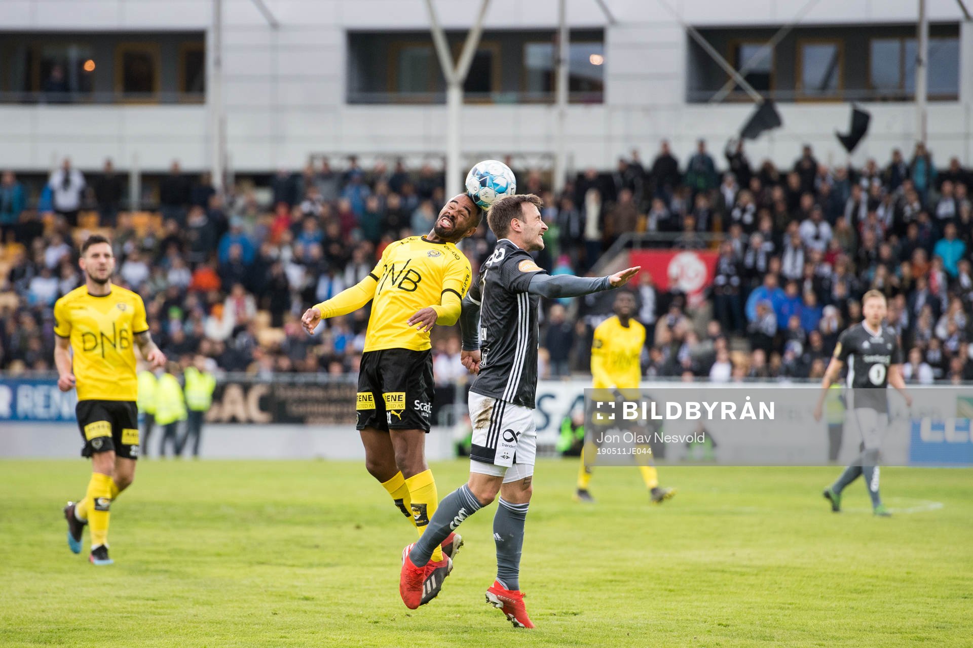 Alex Dyer of Lillestrøm and Mike Jensen of Rosenborg during the Eliteserien match between Lillestrøm and Rosenborg on May 11, 2019 in Lillestrøm.