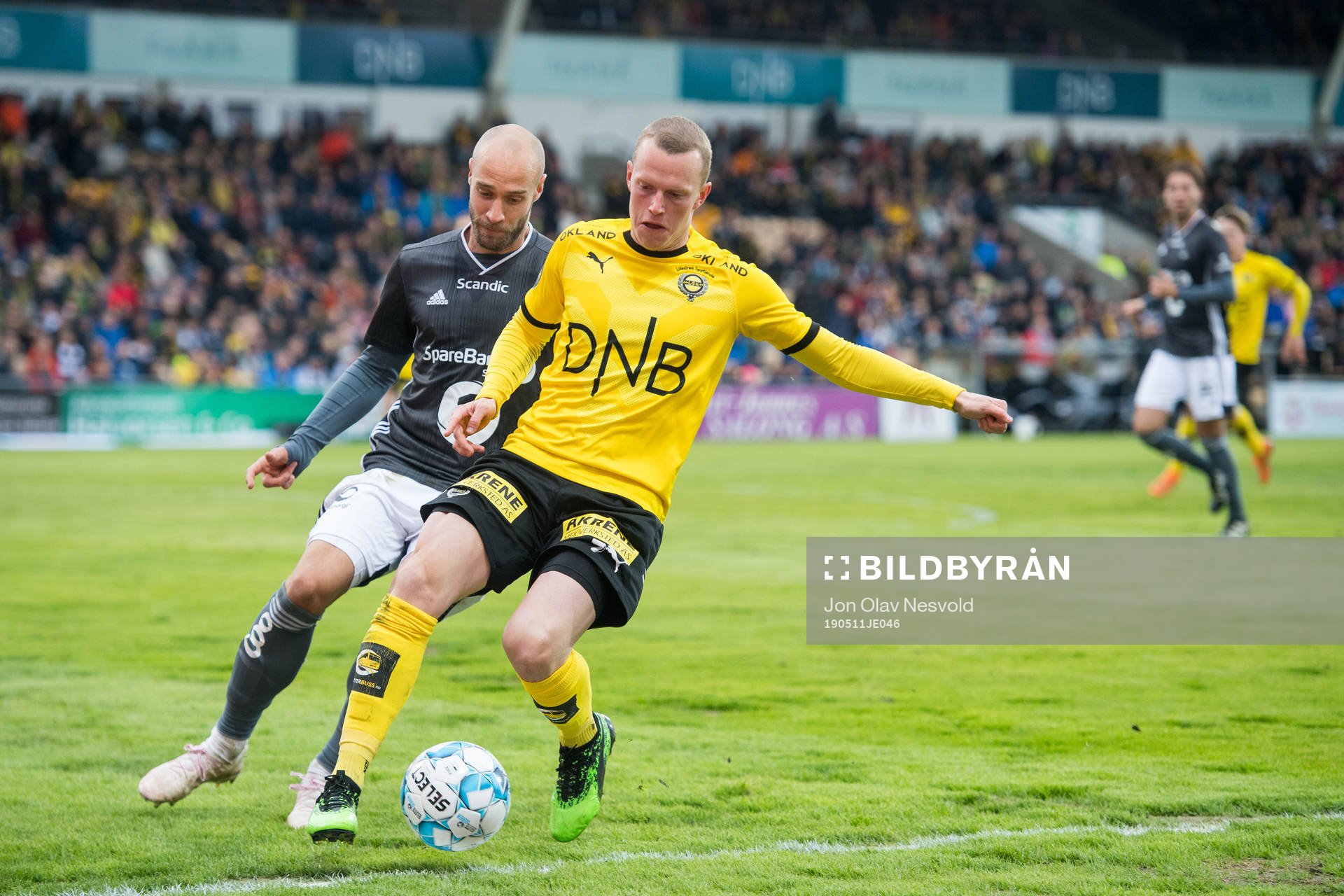 Tore Reginiussen of Rosenborg and Daniel Gustavsson of Lillestrøm during the Eliteserien match between Lillestrøm and Rosenborg on May 11, 2019 in Lillestrøm.