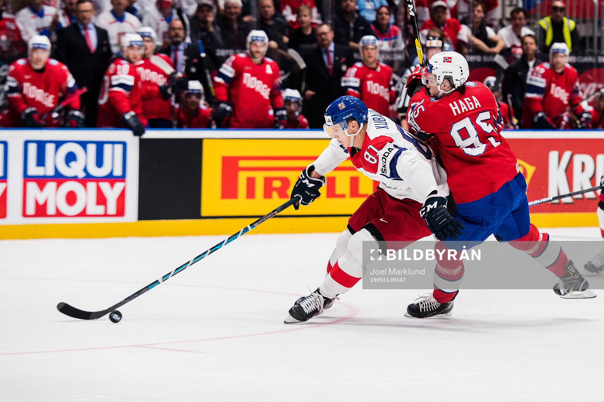 Dominik Kubalik of Czech Republic and Michael Haga of Norway