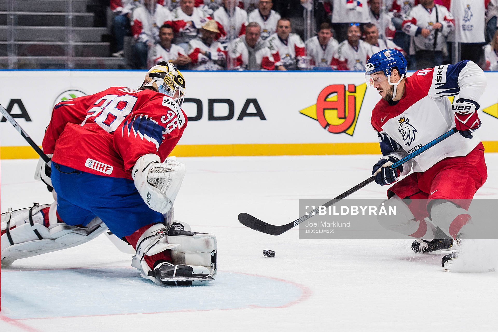 goaltender Henrik Holm of Norway and Jan Kovar of Czech