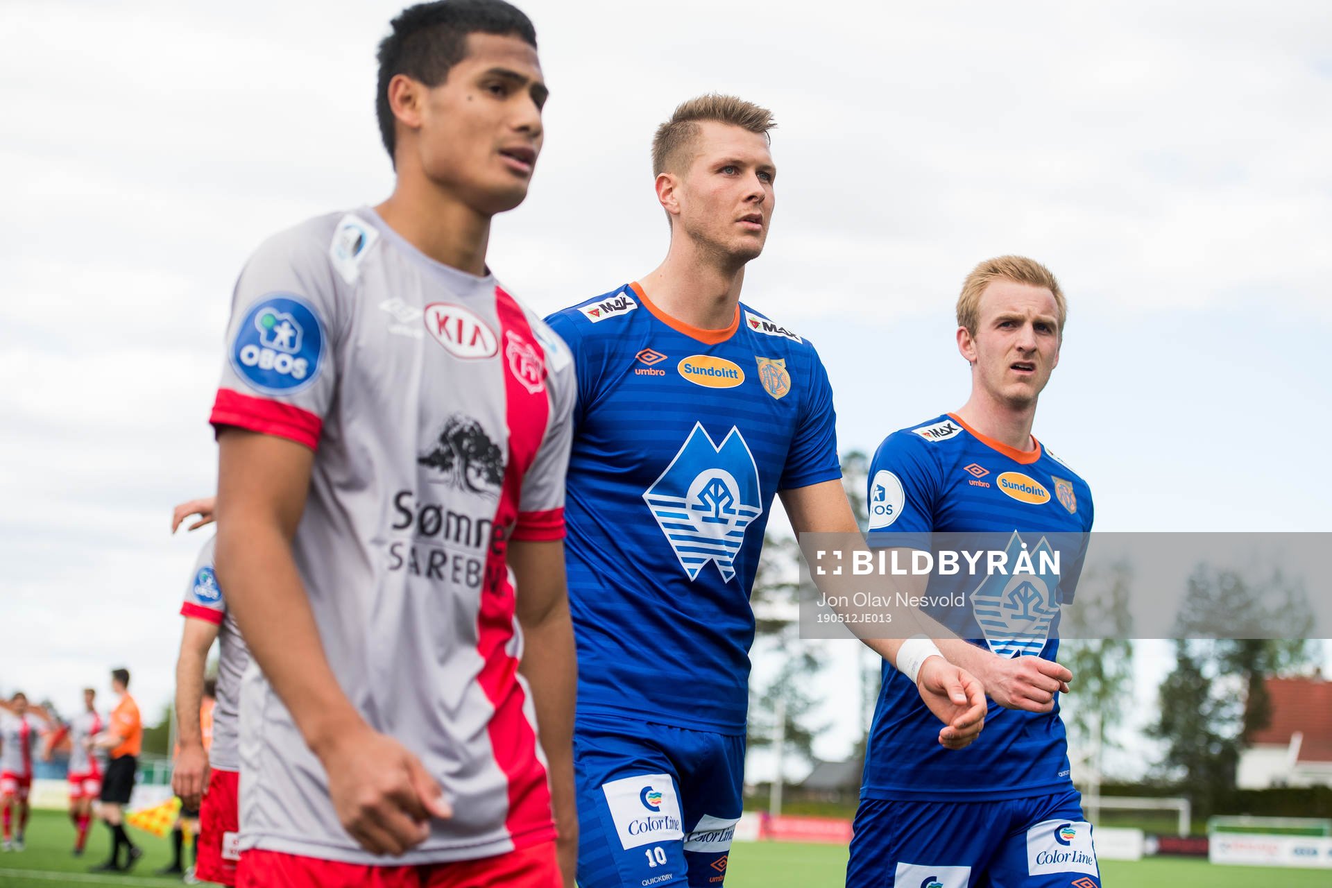 Sverre Bjørkkjær of Strømmen, Hólmbert Fridjónsson and Torbjørn Agdestein of Aalesund during the OBOS-ligaen match between Strømmen and Aalesund on May 12, 2019 in Strømmen.
