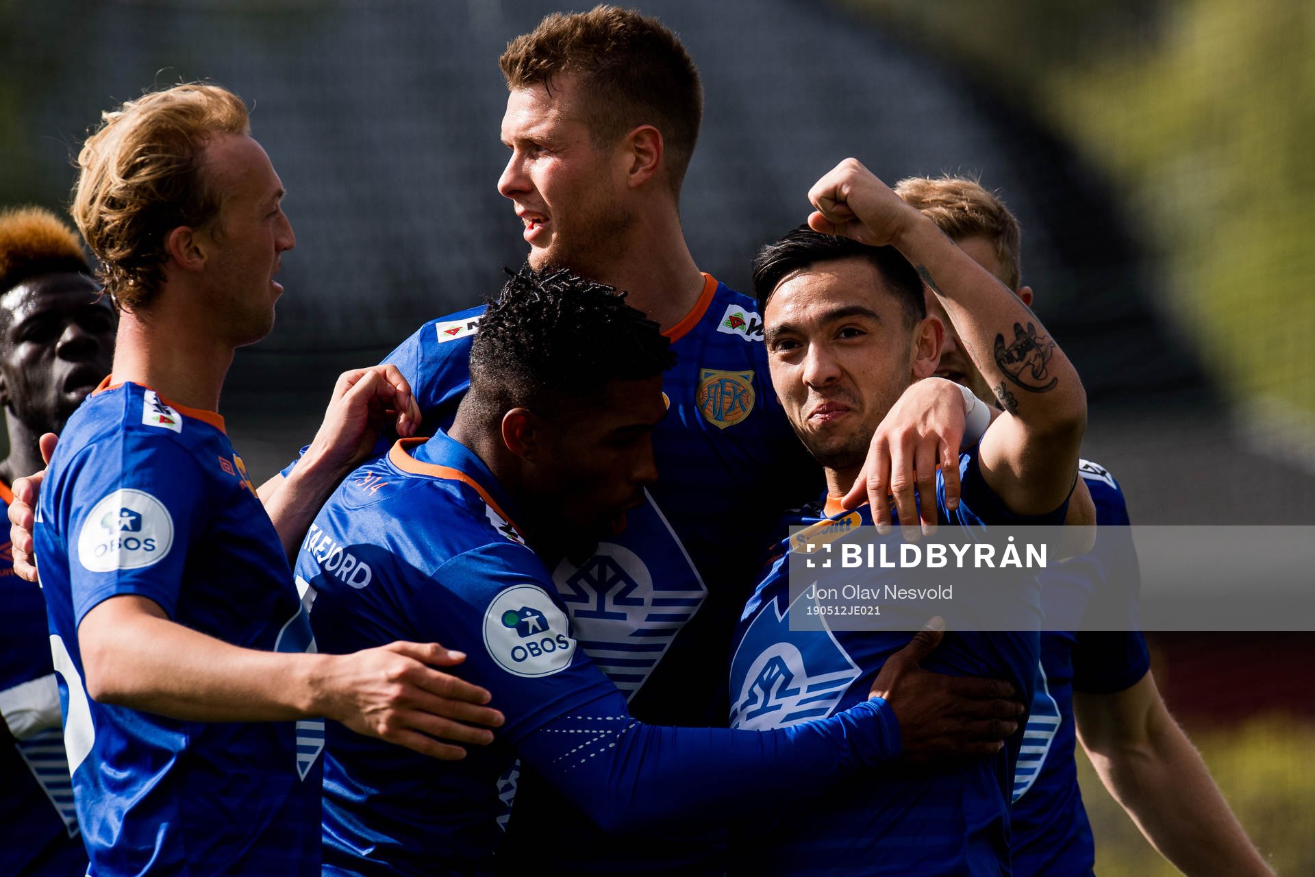 Niklas Castro of Aalesund celebrates with teammates after scoring 0-1 on a penalty kick during the OBOS-ligaen match between Strømmen and Aalesund on May 12, 2019 in Strømmen.