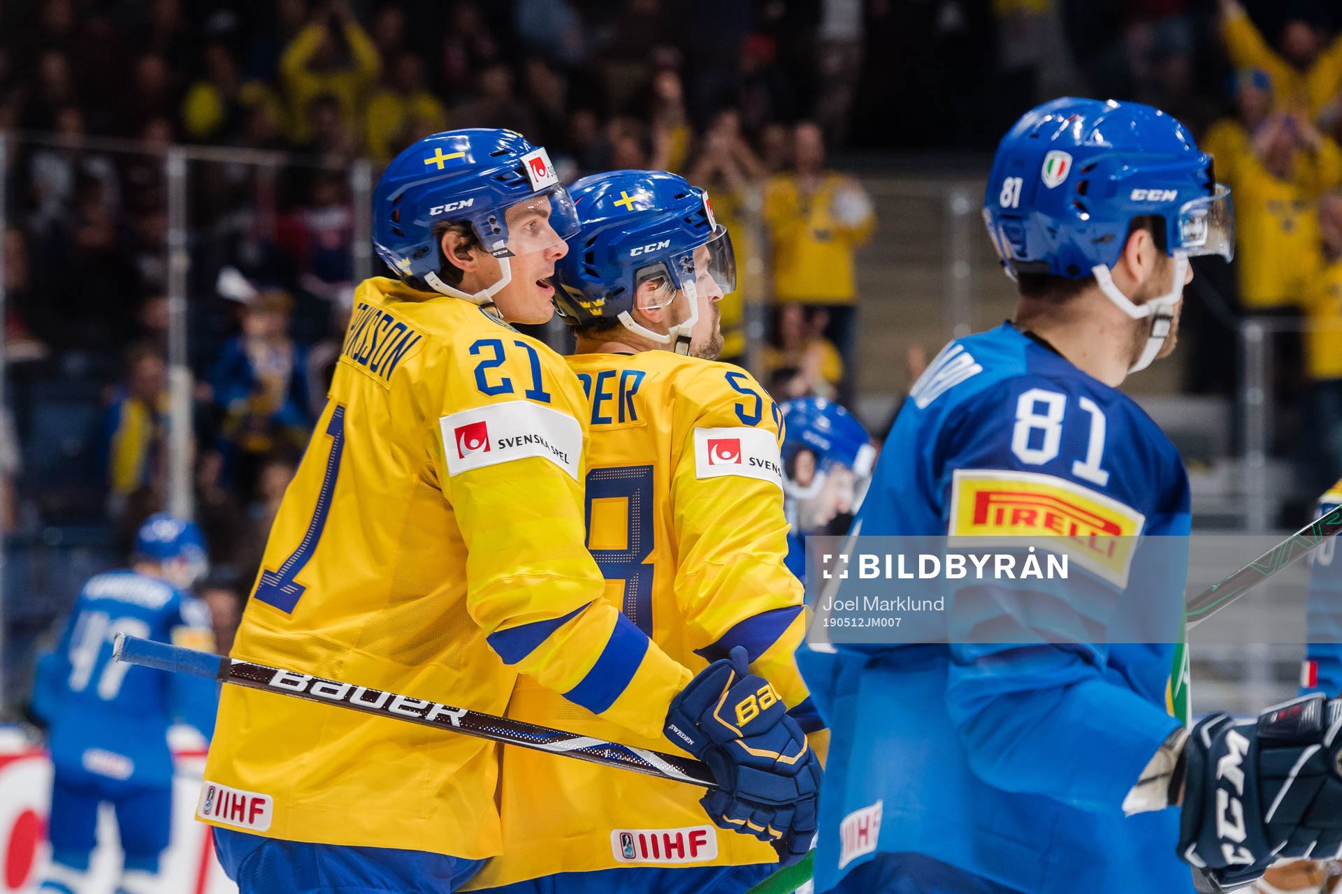 Loui Eriksson and Anton Lander of Sweden celebrates