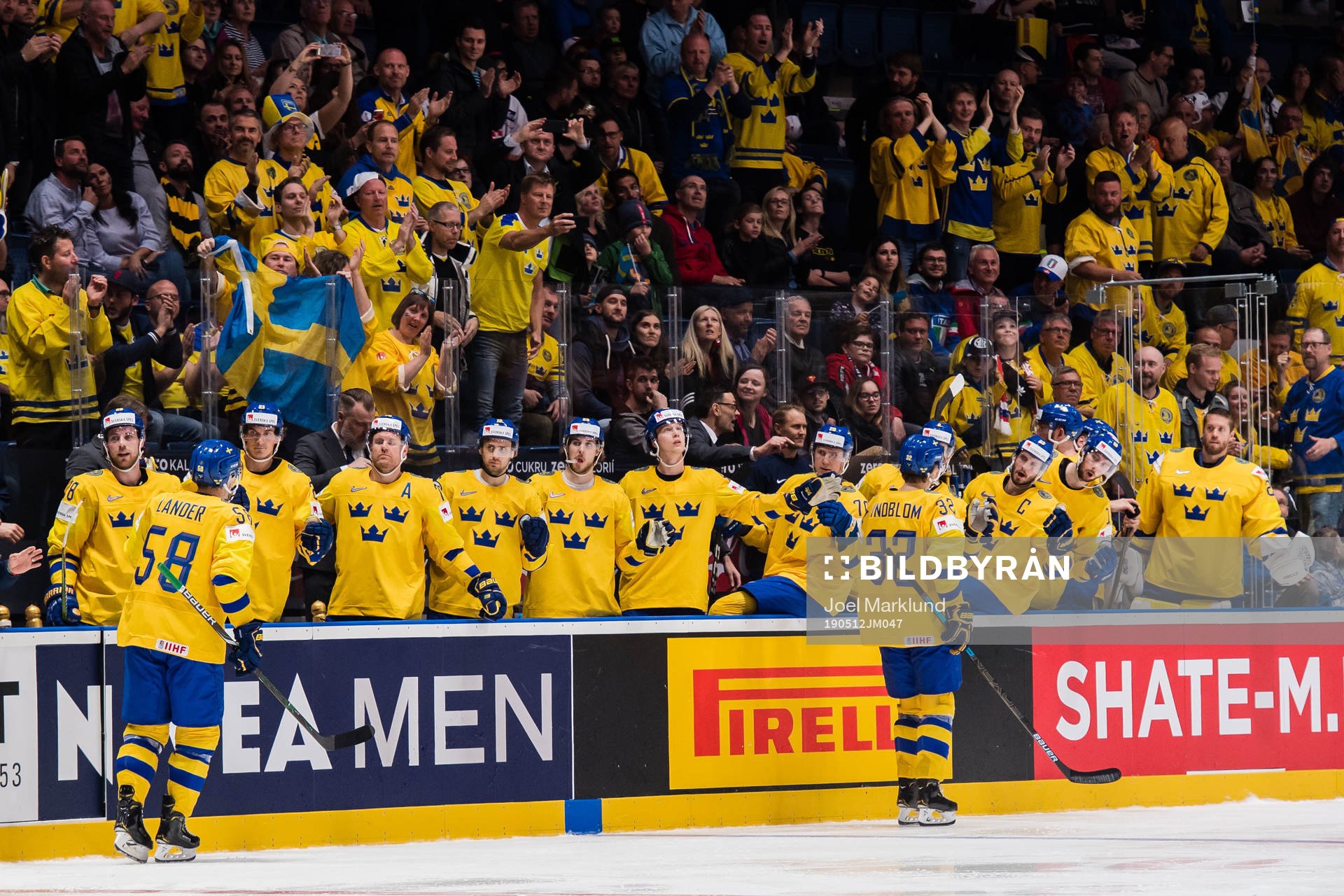 Anton Lander and Oskar Lindblom of Sweden celebrates