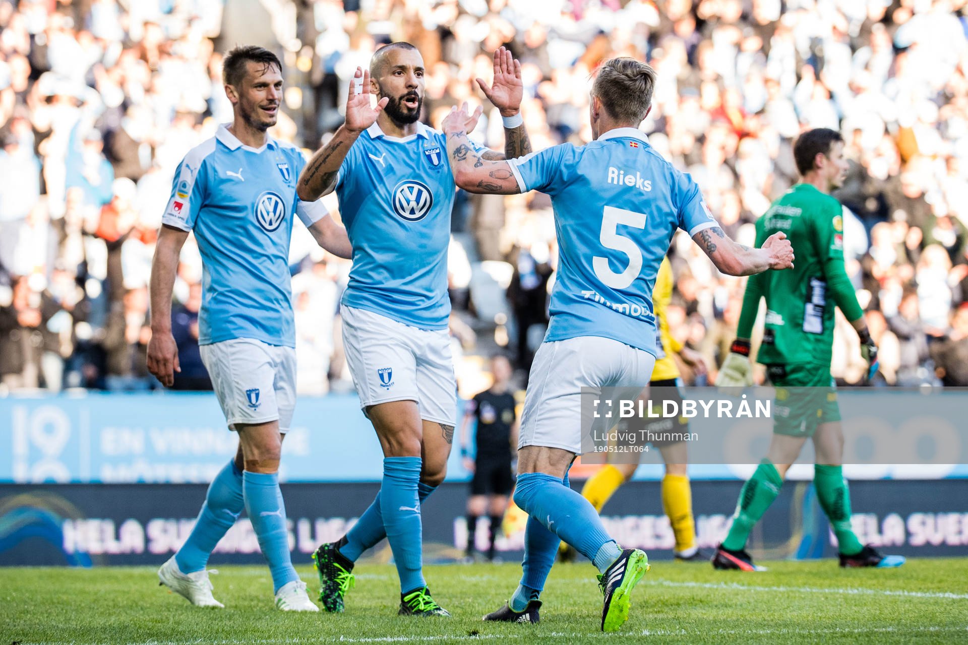 Malmö FFs Sören Rieks jublar efter 3-1 under fotbollsmatchen i Allsvenskan mellan Malmö FF och Elfsborg den 12 maj 2019 i Malmö.