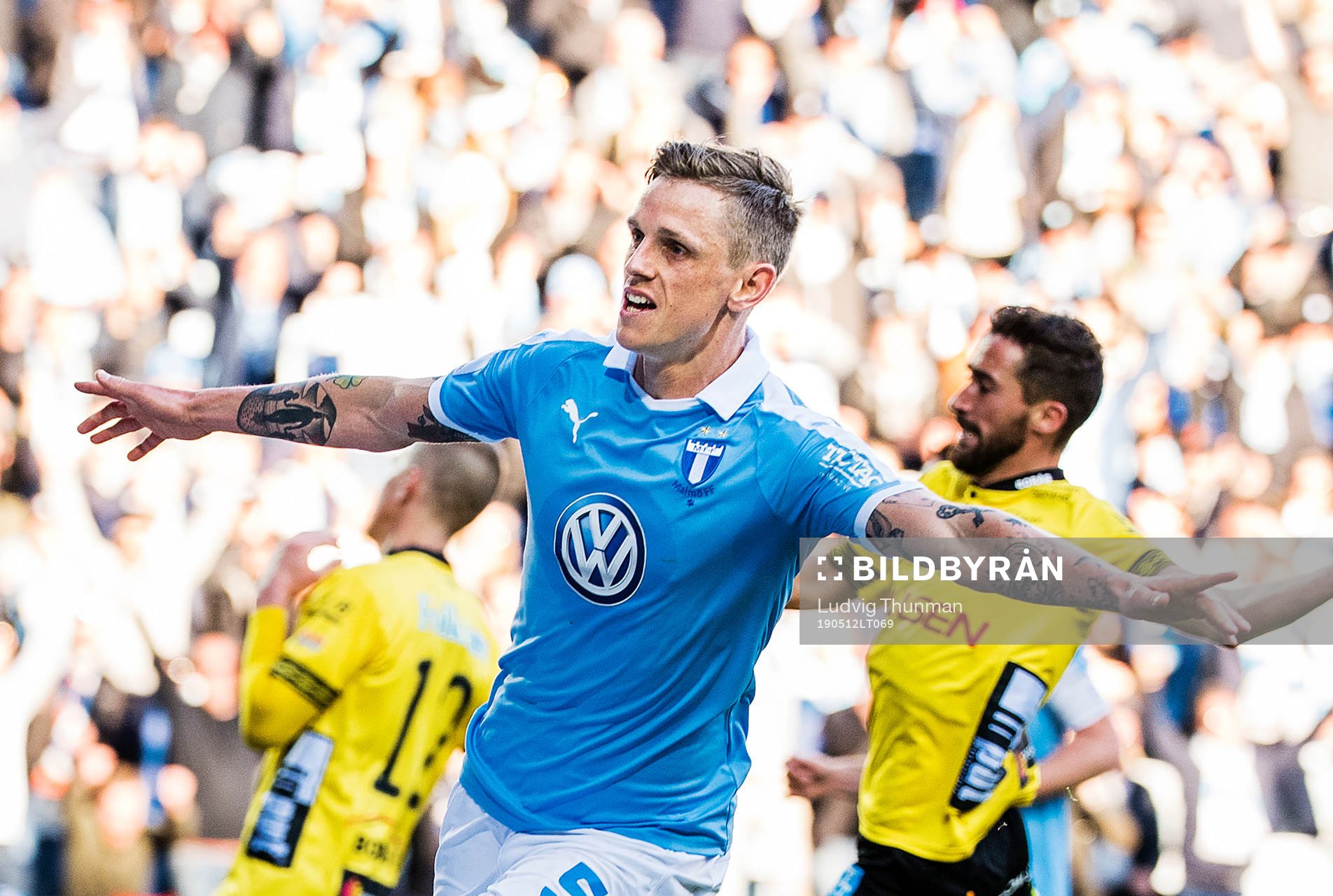Malmö FFs Sören Rieks jublar efter 3-1 under fotbollsmatchen i Allsvenskan mellan Malmö FF och Elfsborg den 12 maj 2019 i Malmö.