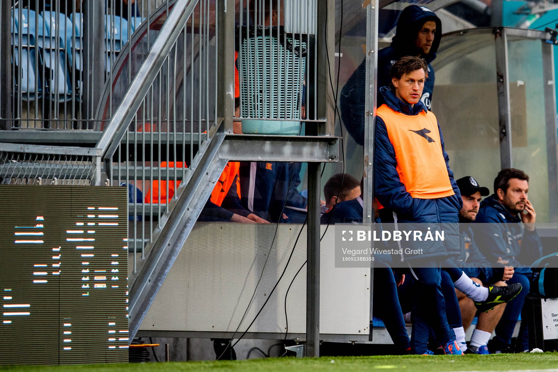 Tommy Høiland of Viking looks on from the bench during the Eliteserien football match between Strømsgodset and Viking on May 13, 2019 in Drammen.