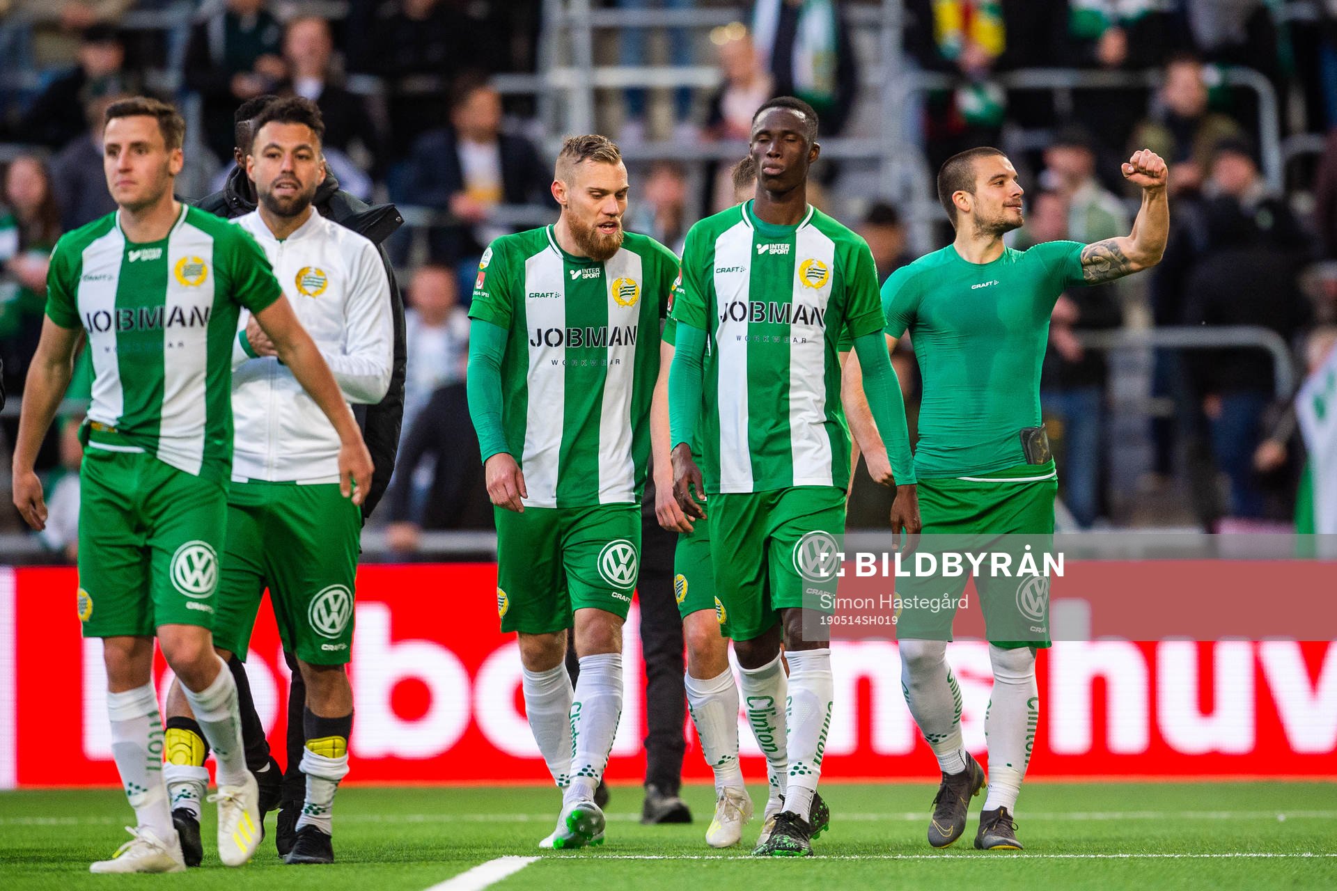 Hammarbys spelare jublar efter fotbollsmatchen i Allsvenskan mellan Hammarby och Östersund den 14 maj 2019 i Stockholm.
