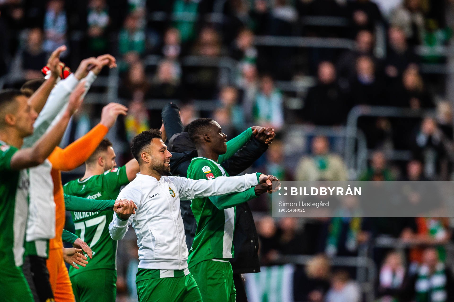 Hammarbys spelare jublar efter fotbollsmatchen i Allsvenskan mellan Hammarby och Östersund den 14 maj 2019 i Stockholm.