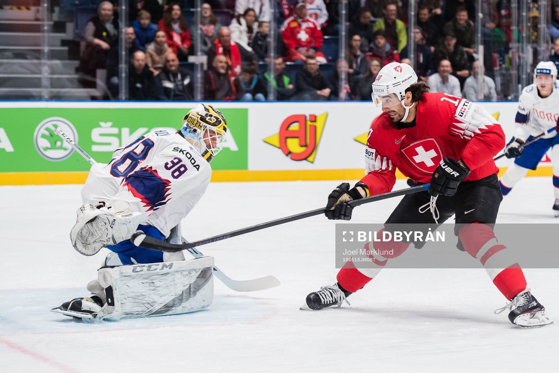 Andres Ambuhl of Switzerland scores 1-0 behind goaltender