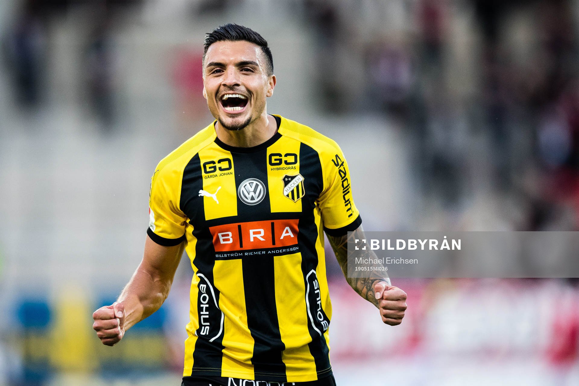Häckens Ahmed Yasin jublar efter fotbollsmatchen i allsvenskan mellan Häcken och Kalmar den 15 maj 2019 i Göteborg.