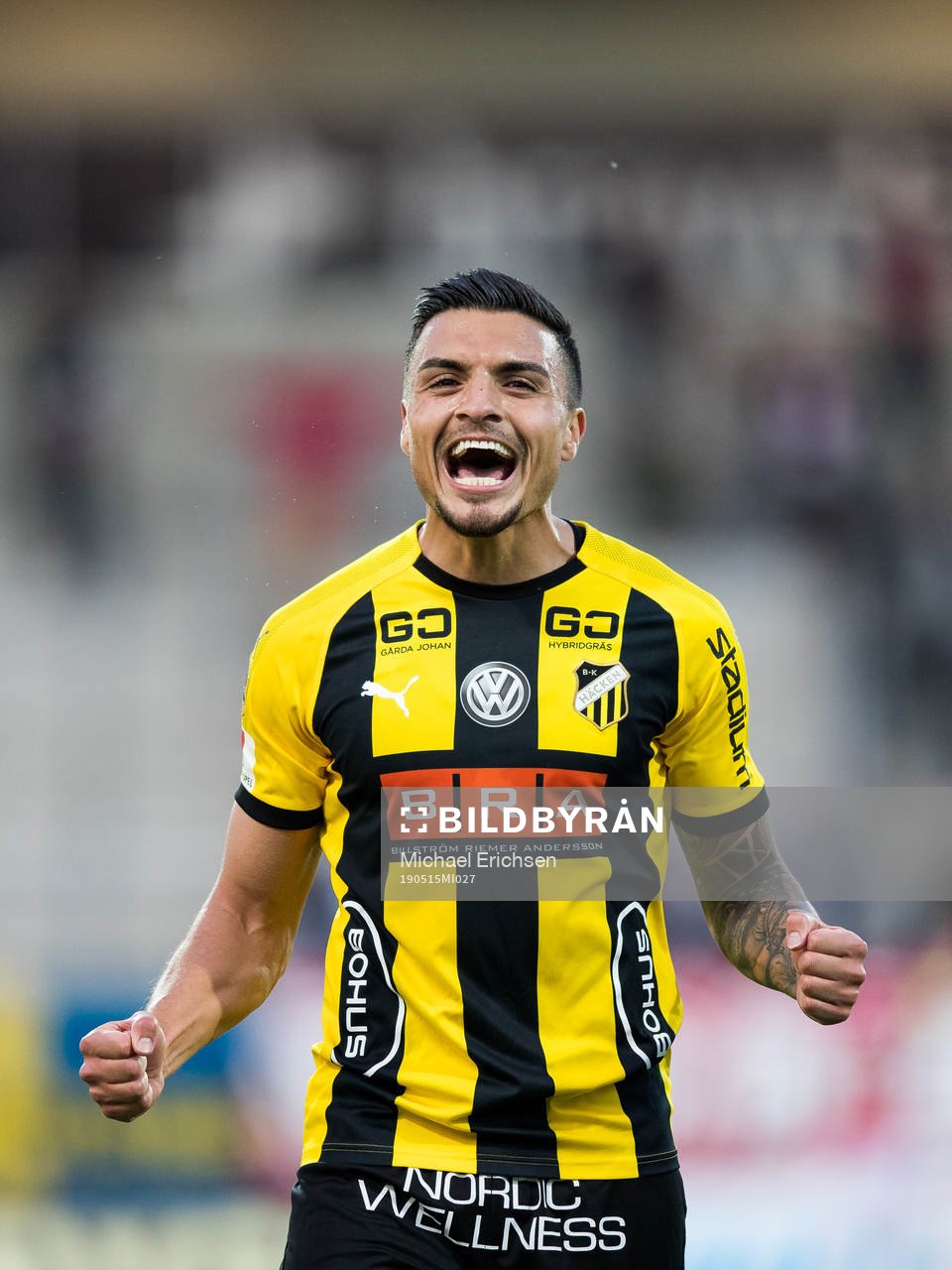 Häckens Ahmed Yasin jublar efter 1-0 efter fotbollsmatchen i allsvenskan mellan Häcken och Kalmar den 15 maj 2019 i Göteborg.