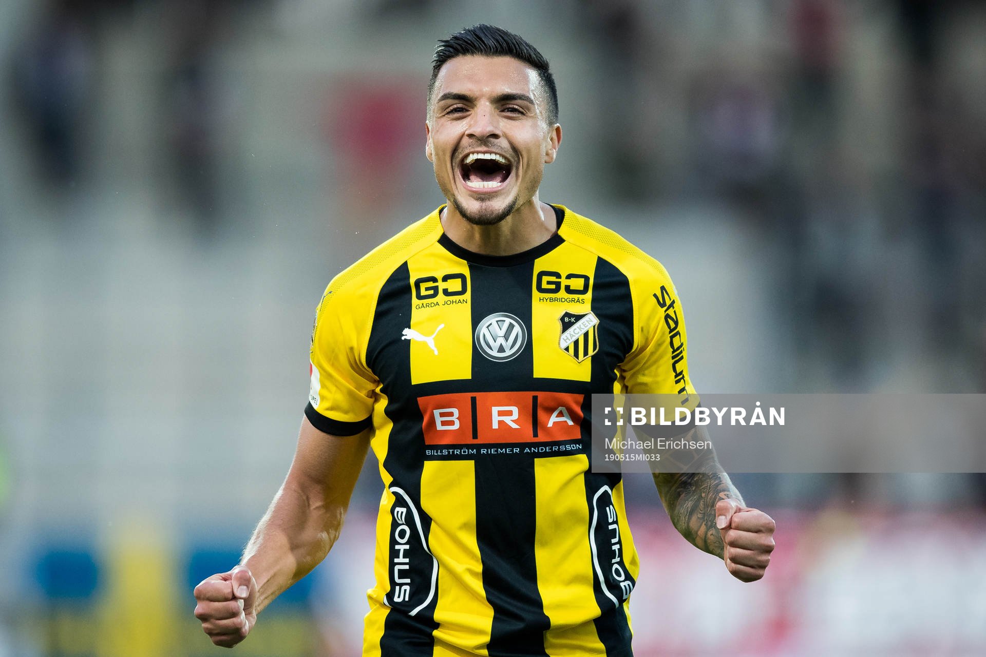 Häckens Ahmed Yasin jublar efter 1-0 efter fotbollsmatchen i allsvenskan mellan Häcken och Kalmar den 15 maj 2019 i Göteborg.