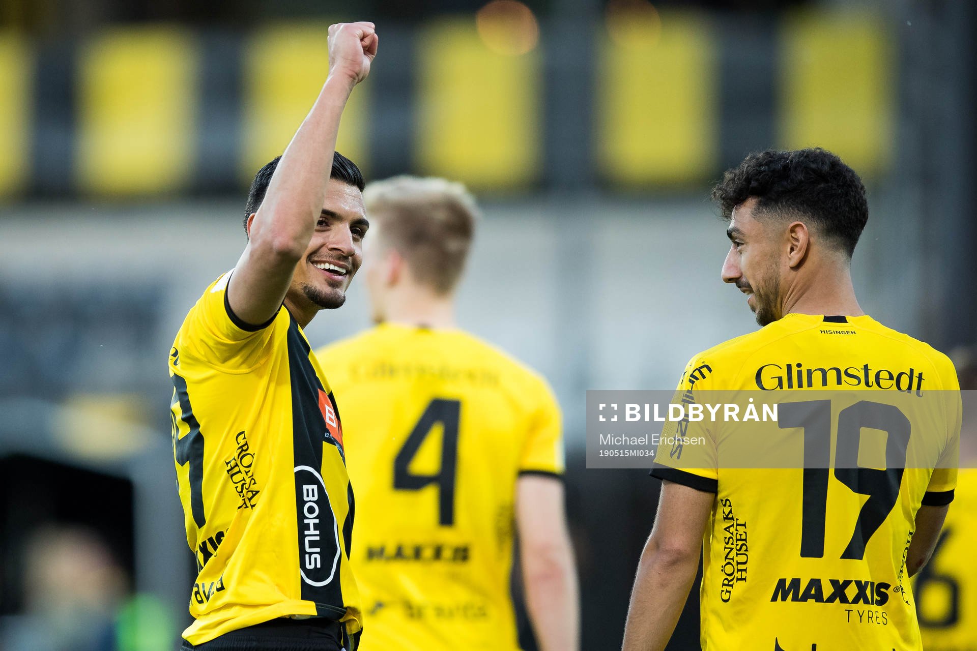 Häckens Ahmed Yasin jublar efter fotbollsmatchen i allsvenskan mellan Häcken och Kalmar den 15 maj 2019 i Göteborg.