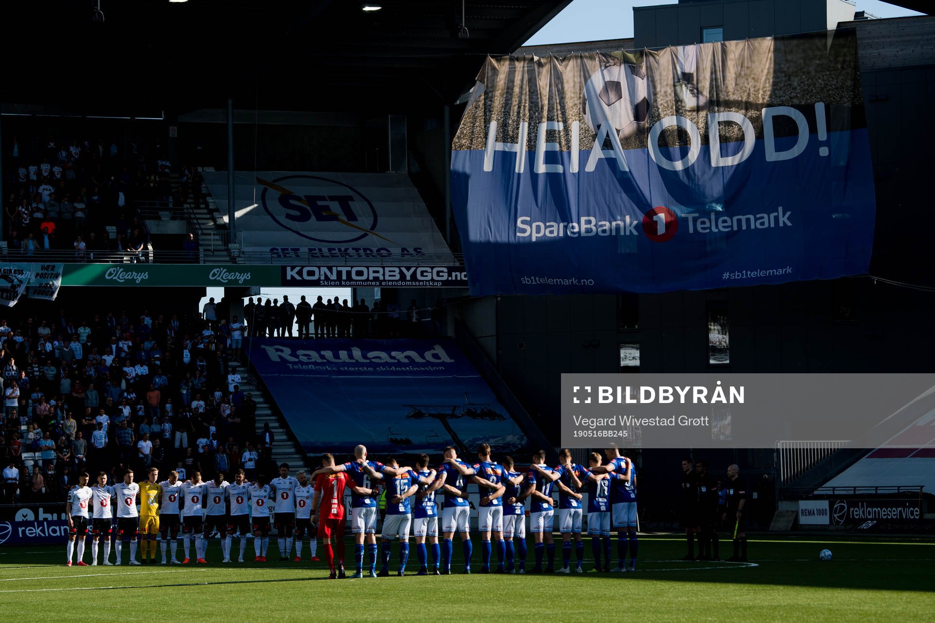 One minute of silence ahead of the Eliteserien football match between Odd and Ranheim on May 16, 2019 in Skien.