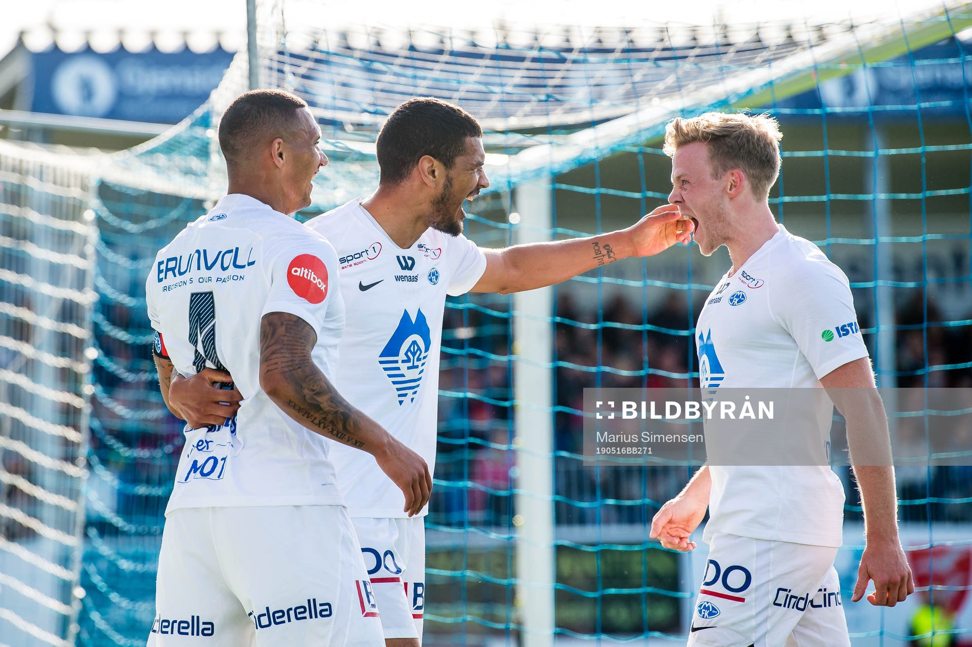 Lunan Ruben Gabrielsen, Erling Knudtzon and Ohikhuaeme Anthony Omoijuanfo of Molde celebrates after the 0-2 goal during the Eliteserien match between Kristiansund and Molde on May 16, 2019 in Kristiansund.