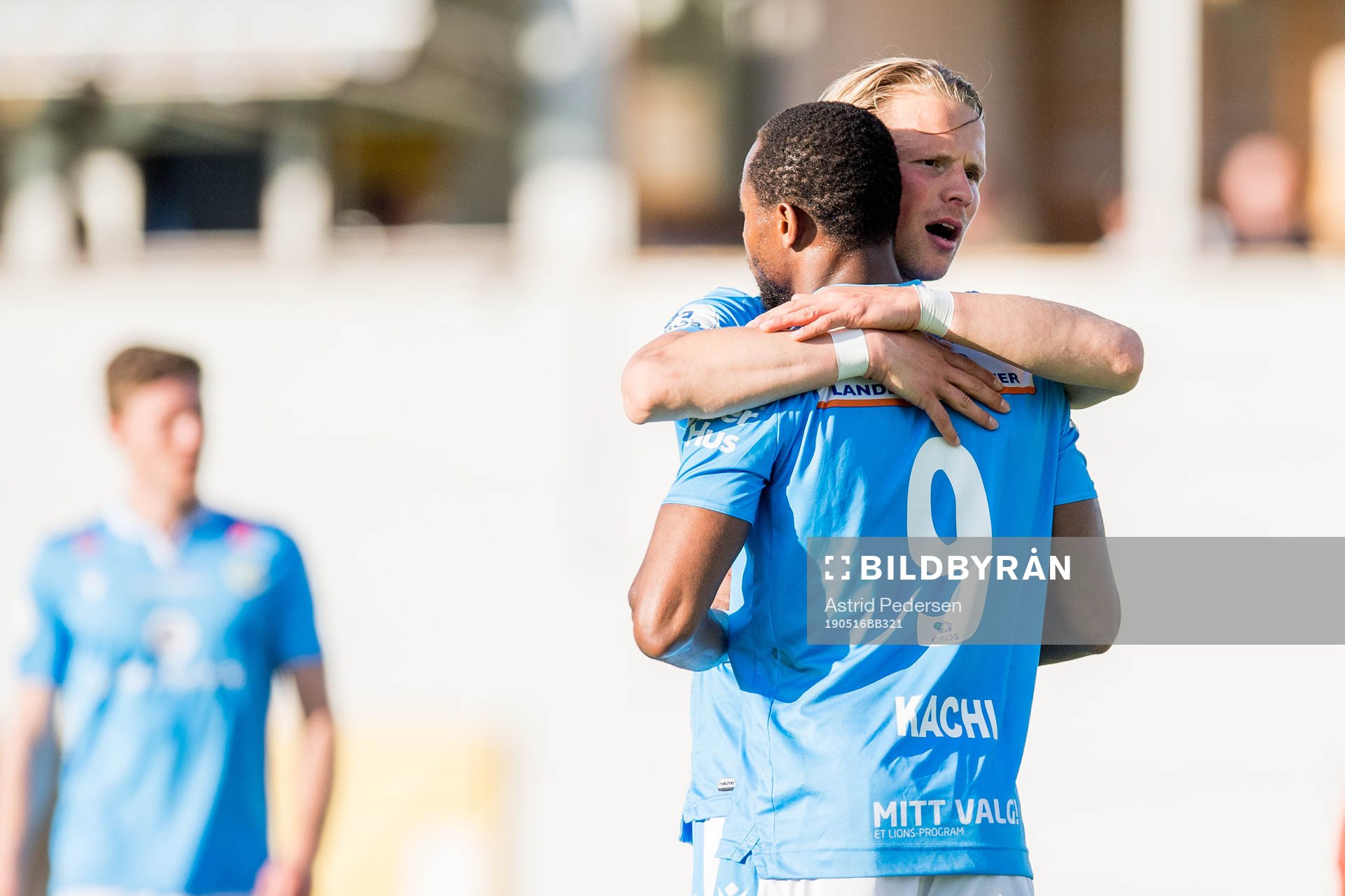 Tapio Heikkilä and Kachi of Sandnes Ulf celebrate 1-3 during the OBOS-ligaen match between Raufoss and Sandnes Ulf on May 16, 2019 in Raufoss.