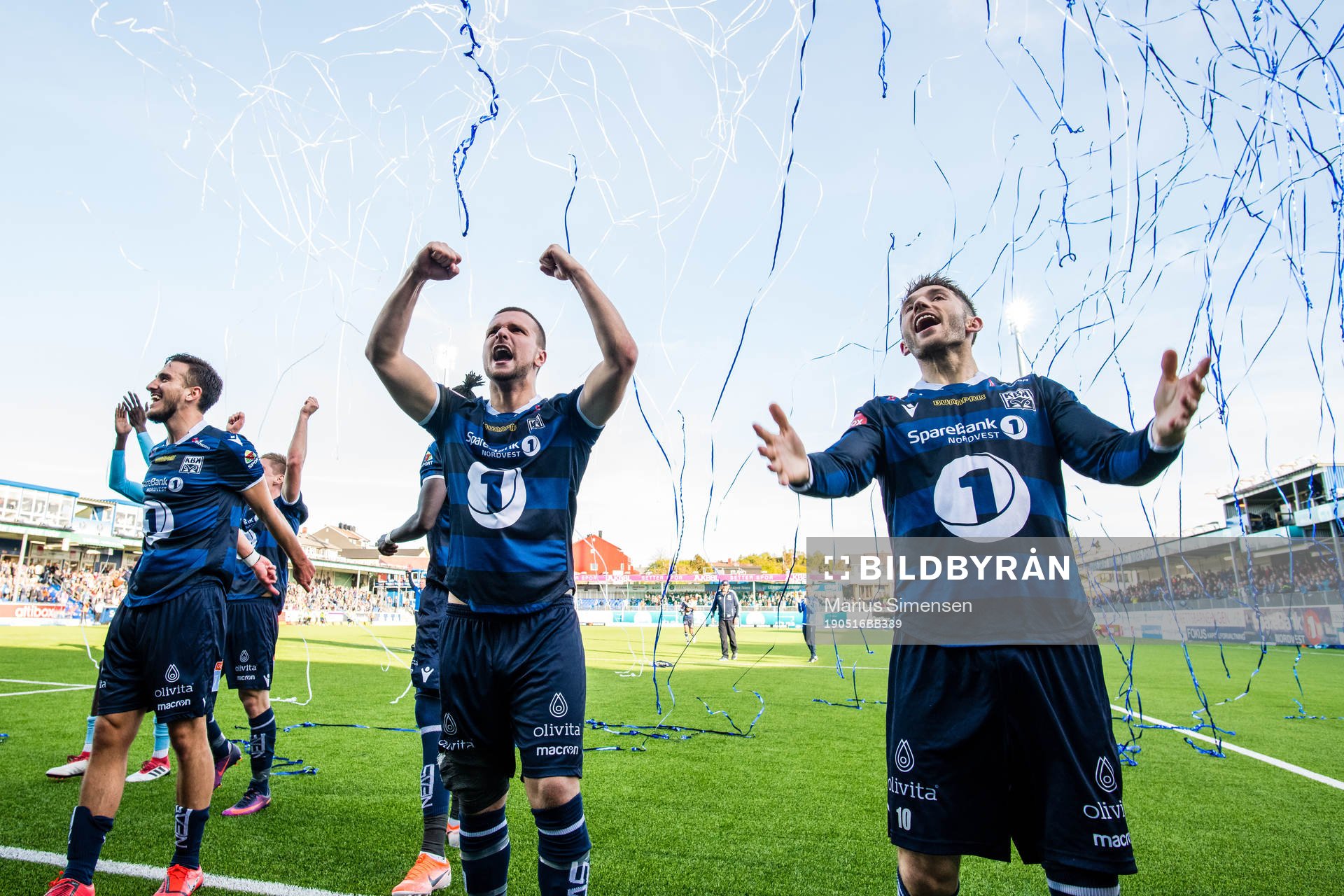 Flamur Kastrati and Liridon Kalludra of Kristiansund celebrates after the Eliteserien match between Kristiansund and Molde on May 16, 2019 in Kristiansund.