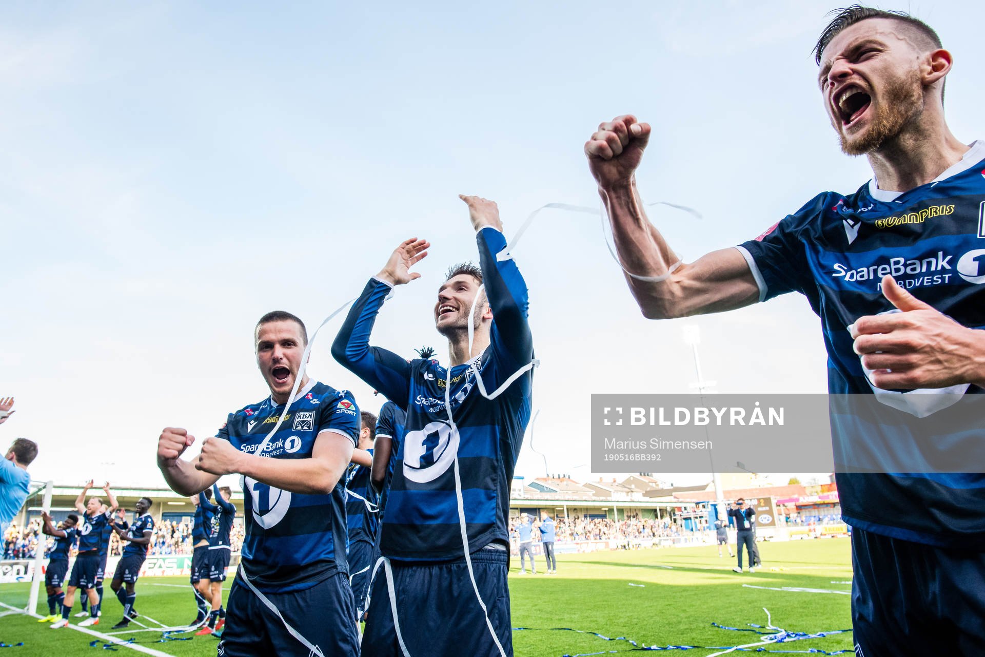 Flamur Kastrati, Liridon Kalludra and Bendik Bye of Kristiansund celebrates after the Eliteserien match between Kristiansund and Molde on May 16, 2019 in Kristiansund.