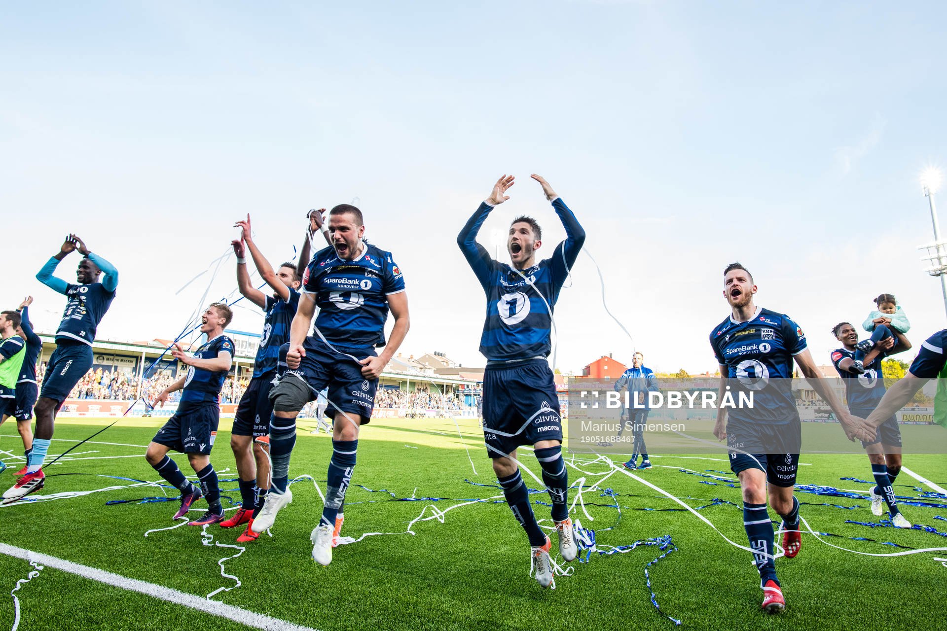Flamur Kastrati and Liridon Kalludra of Kristiansund celebrates after the Eliteserien match between Kristiansund and Molde on May 16, 2019 in Kristiansund.