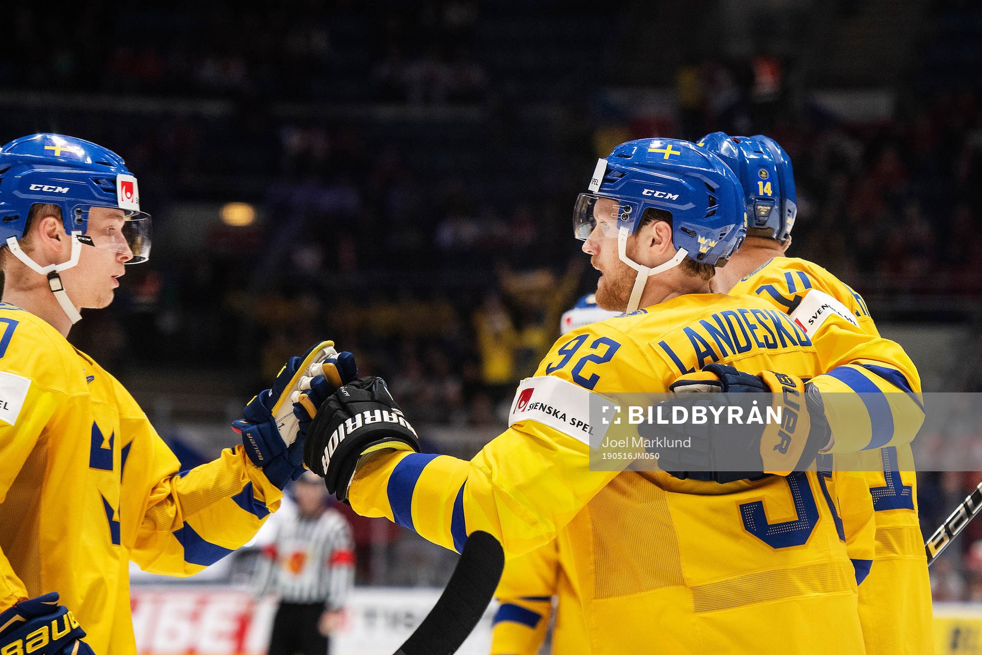 Elias Pettersson and Gabriel Landeskog of Sweden celebrates