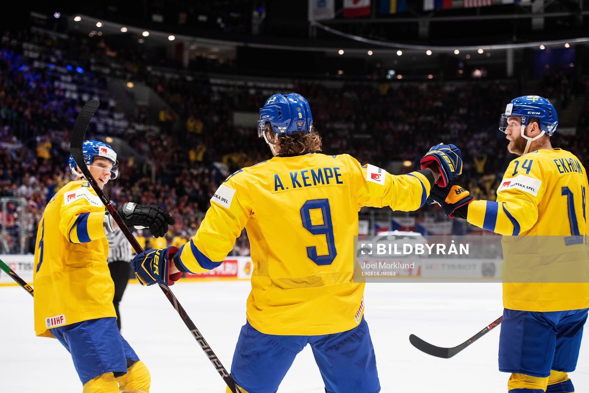 John Klingberg, Adrian Kempe and Mattias Ekholm celebrates