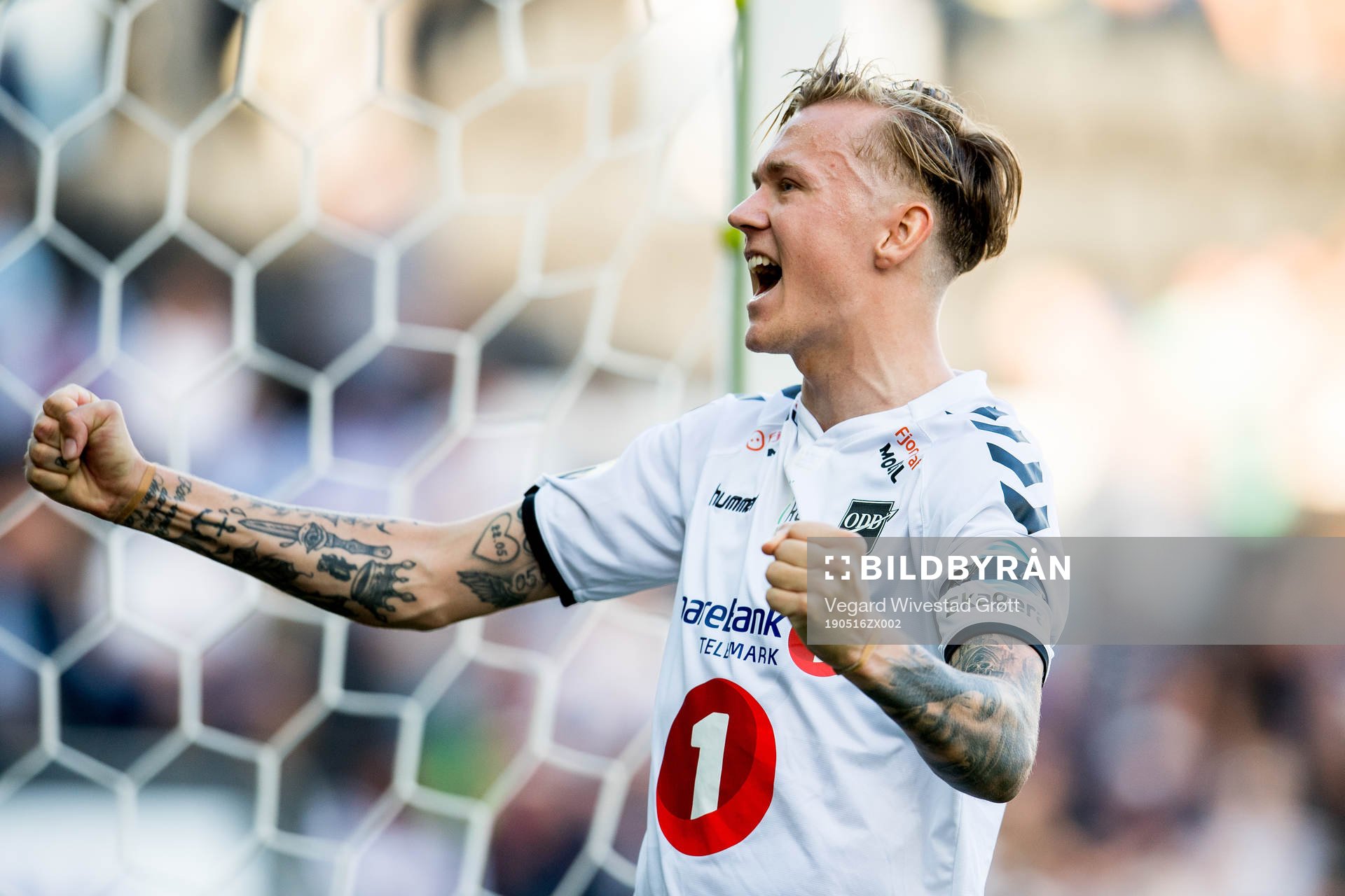 Birk Risa of Odd celebrates after the Eliteserien football match between Odd and Ranheim on May 16, 2019 in Skien.
