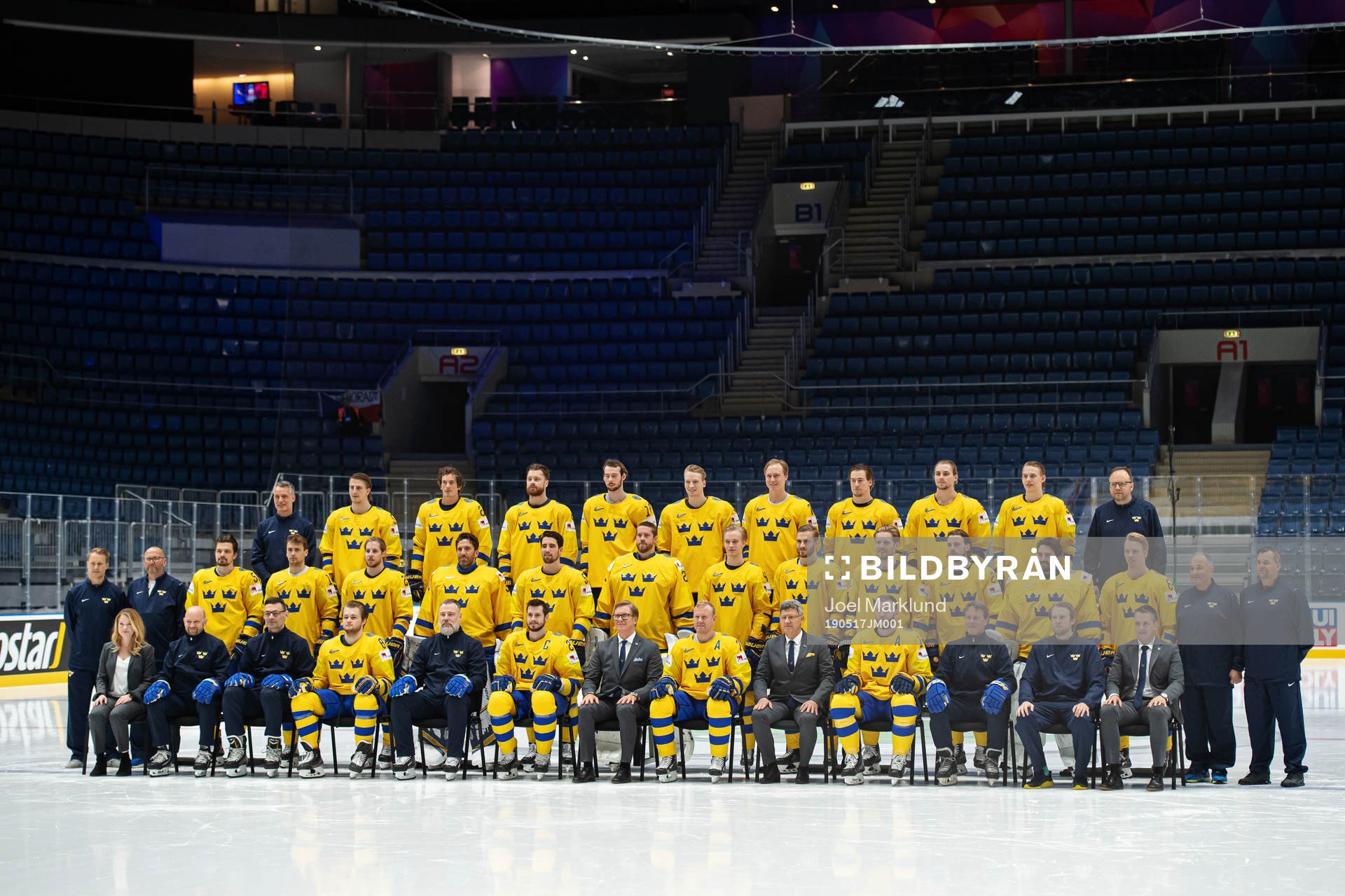 Players and team staff of Sweden pose for a team photo at a