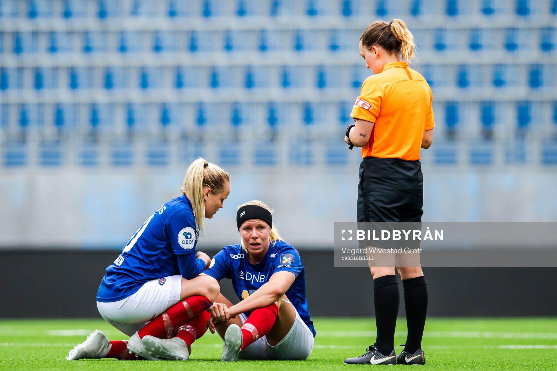 Ingrid Katrine Søndenå of Vålerenga is in pain during the Toppserien football match between Vålerenga and Lyn on May 18, 2019 in Oslo.