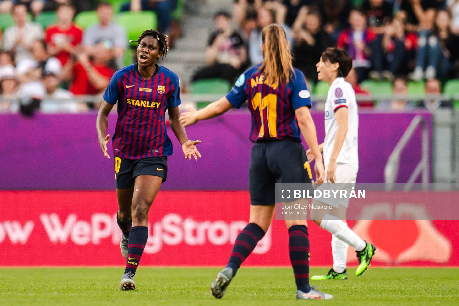 Asisat Oshoala of Barcelona celebrates after 4-1 during the UEFA Women's Champions League final match between Lyon and Barcelona on May 18, 2019 in Budapest.