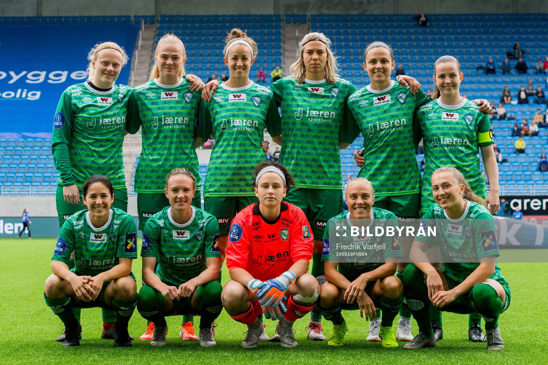 Players of Klepp line up for a team photo ahead of the Toppserien football match between Kolbotn and Klepp on May 19, 2019 in Oslo. 
