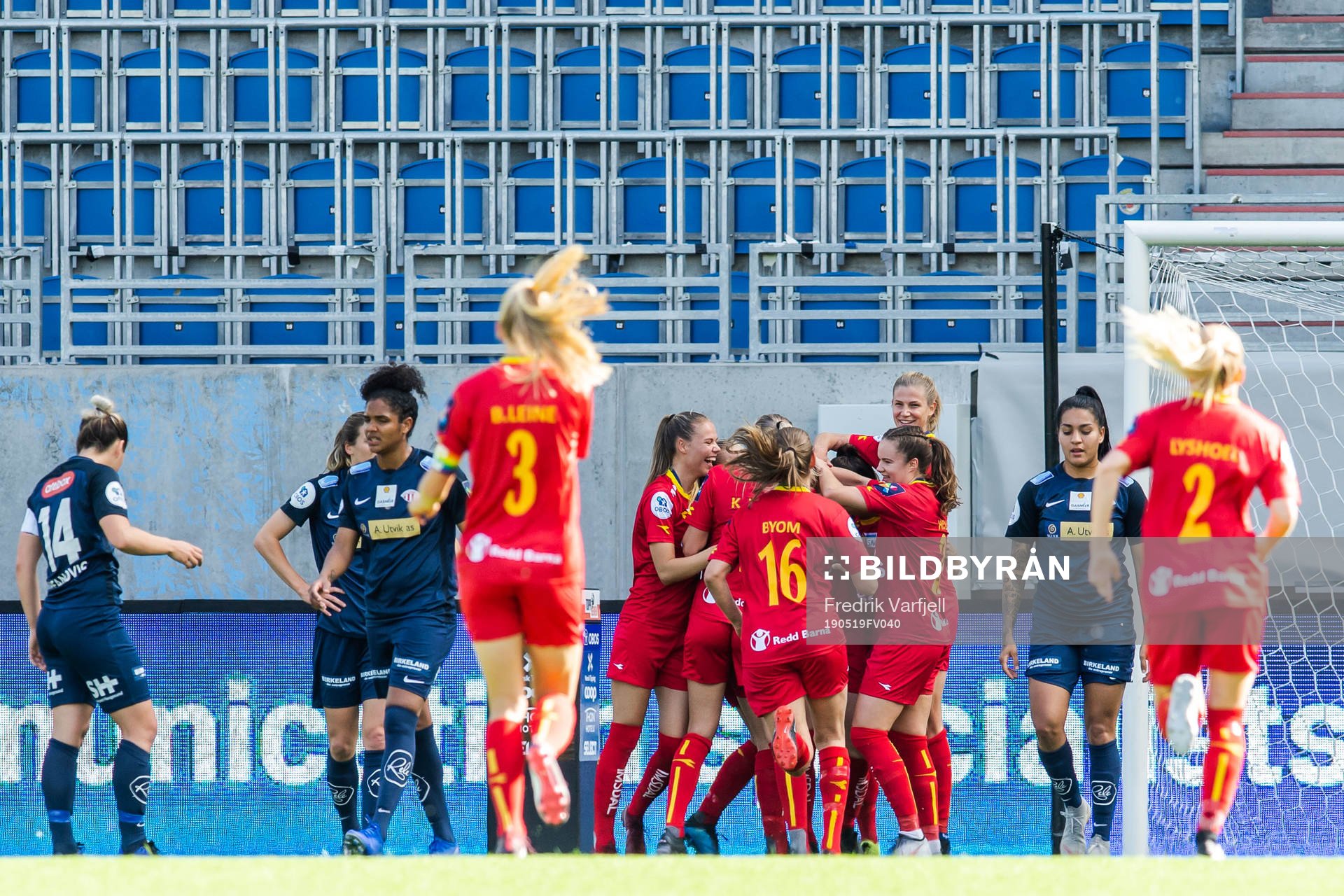 Katrine Winnem Jørgensen of Røa celebrate with teammates after 1-0 during the Toppserien football match between Røa and Avaldsnes on May 19, 2019 in Oslo. 
