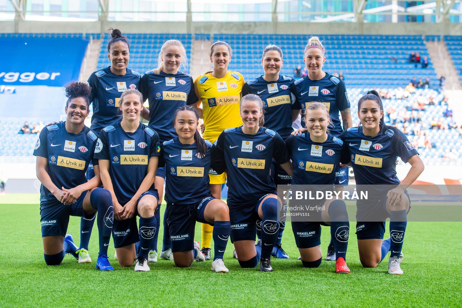 The starting eleven of Avaldsnes Giovanna de Oliveira, Anna Jøsendal, goalkeeper Victoria Esson, Dejana Stefanovic, Robyn Elizabeth Decker, Duda, Rebekah Ashley Stott, Maria Sørenes, Nathalie Utvik, Olaug Tvedten and Brena De Oliveira ahead of the Toppserien football match between Røa and Avaldsnes on May 19, 2019 in Oslo.