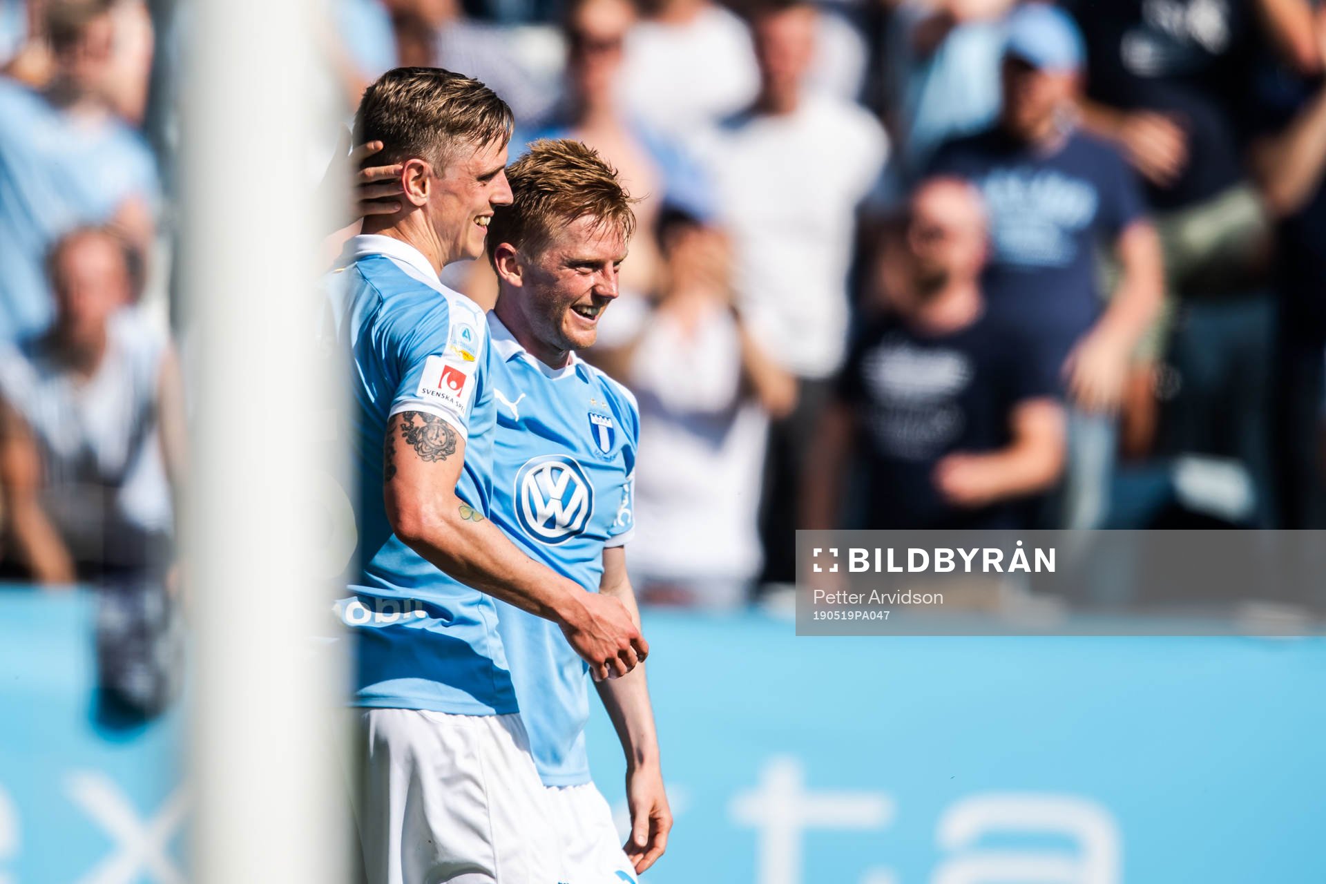 Malmö FFs Anders Christiansen och Sören Rieks jublar efter 1-0 under fotbollsmatchen i Allsvenskan mellan Malmö FF och Kalmar den 19 maj 2019 i Malmö.