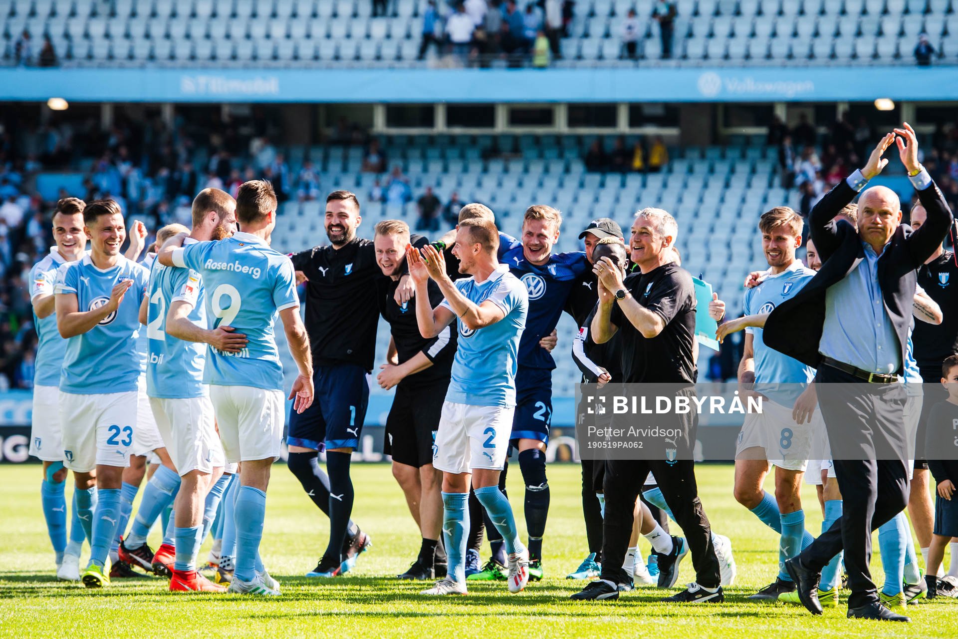 Malmö FFs spelare jublar efter fotbollsmatchen i Allsvenskan mellan Malmö FF och Kalmar den 19 maj 2019 i Malmö.