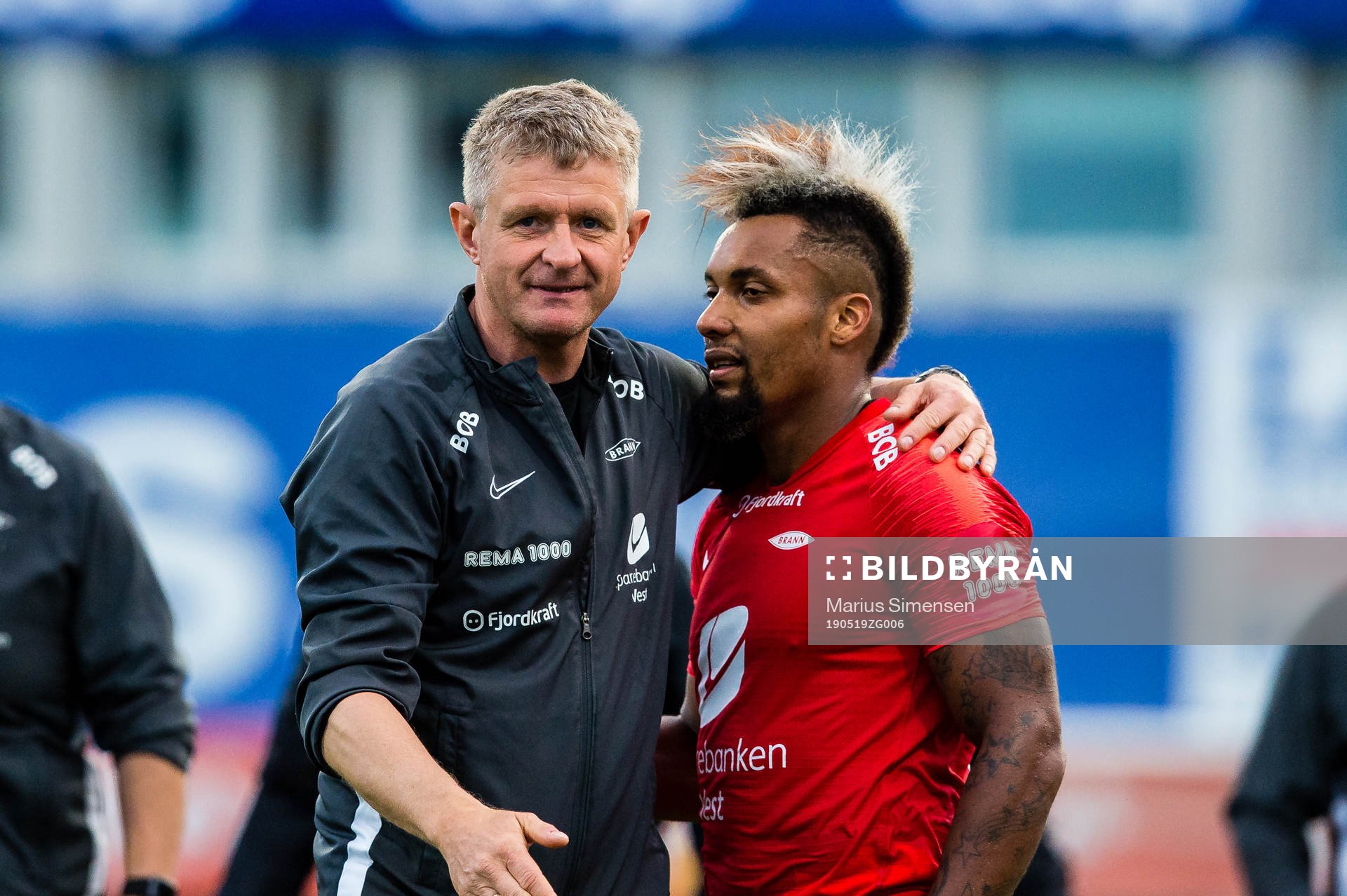 Lars Arne Nilsen, head coach of Brann, and Bismar Gilberto Acosta Evans of Brann after the Eliteserien match between Bodø/Glimt and Brann on May 19, 2019 in Bodø.