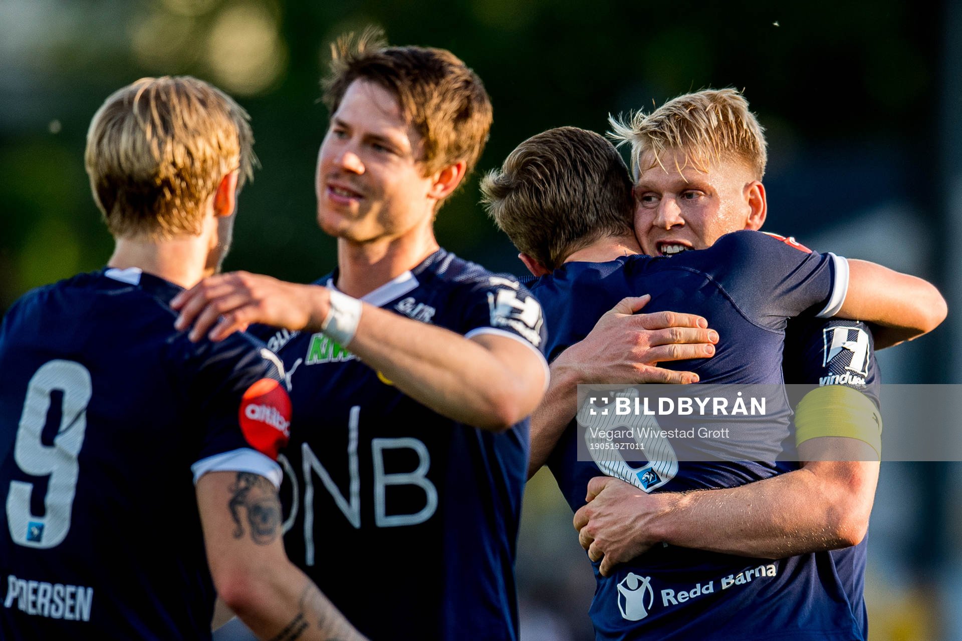 Johan Hove of Strømsgodset celebrates with teammate Jakob Glesnes after scoring 3-1 during the Eliteserien football match between Strømsgodset and Tromsø on May 19, 2019 in Drammen.