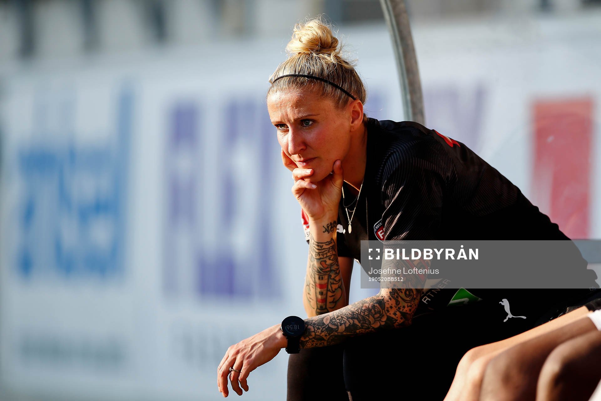 Rosengårds Anja Mittag på bänken under fotbollsmatchen i Damallsvenskan mellan Linköping och Rosengård den 20 maj 2019 i Linköping.