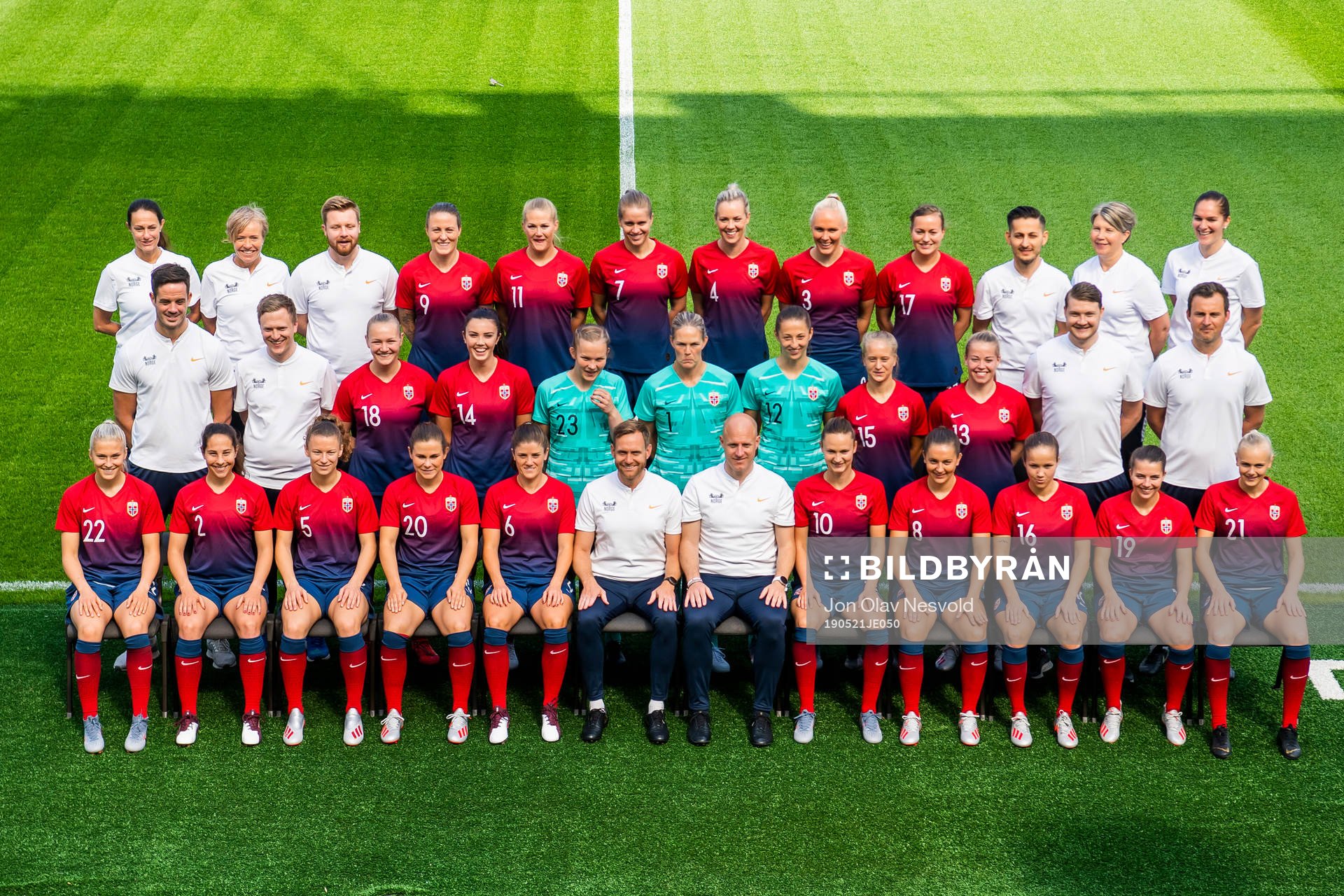 Players and coaching staff of the Norwegian national football team pose for a team picture on May 21, 2019 in Oslo. Top row, left to right: Margareta Endresen, physio, Gunnvor Halmøy, physio, Fredrik Vold, analysis, Isabell Herlovsen, Lisa-Marie Karlseng Utland, Elise Thorsnes, Stine Hovland, Maria Thorisdottir, Kristine Minde, Said Tutunchian, doctor, Bente Bratbak, team manager, and Randi Himle, kit manager. Middle row: Terje Skeie, head of media, Christer Madsen, media reporter, Frida Maanum, Ingrid Syrstad Engen, goalkeeper Oda Maria Hove Bogstad, goalkeeper Ingrid Hjelmseth, goalkeeper Cecilie Fiskerstrand, Amalie Eikeland, Therese Sessy Åsland, Marius Eriksrud, masseur, and Roger Eskeland, goalkeeper coach. Bottom row: Emilie Nautnes, Ingrid Moe Wold, Synne Skinnes Hansen, Emilie Bosshard Haavi, Maren Mjelde, Martin Sjögren, head coach, Anders Jacobson, assistant coach, Caroline Graham Hansen, Vilde Bøe Risa, Guro Reiten, Cecilie Redisch Kvamme and Karina Sævik.
