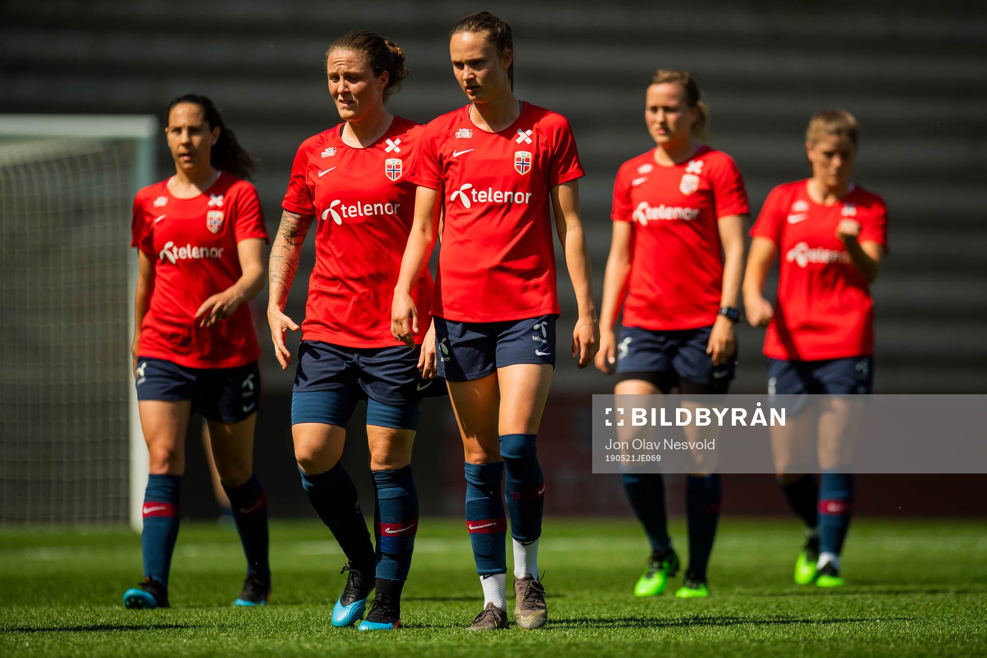 Ingrid Moe Wold, Isabell Lehn Herlovsen, Caroline Graham Hansen, Kristine Minde and Maren Nævdal Mjelde of Norway during a training session on May 21, 2019 in Oslo.