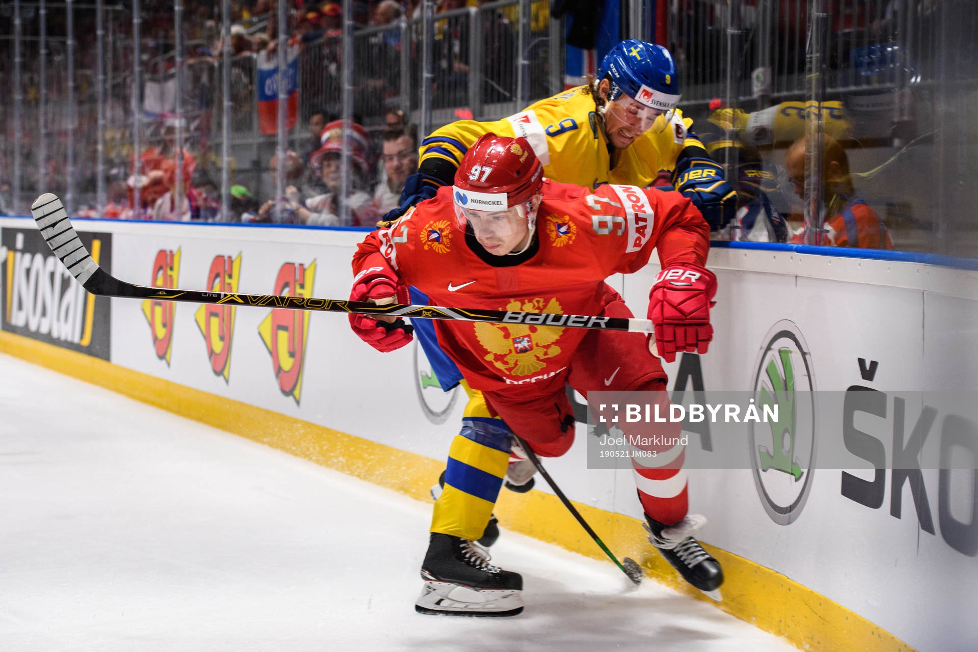 Nikita Gusev of Russia in action with Adrian Kempe of Sweden