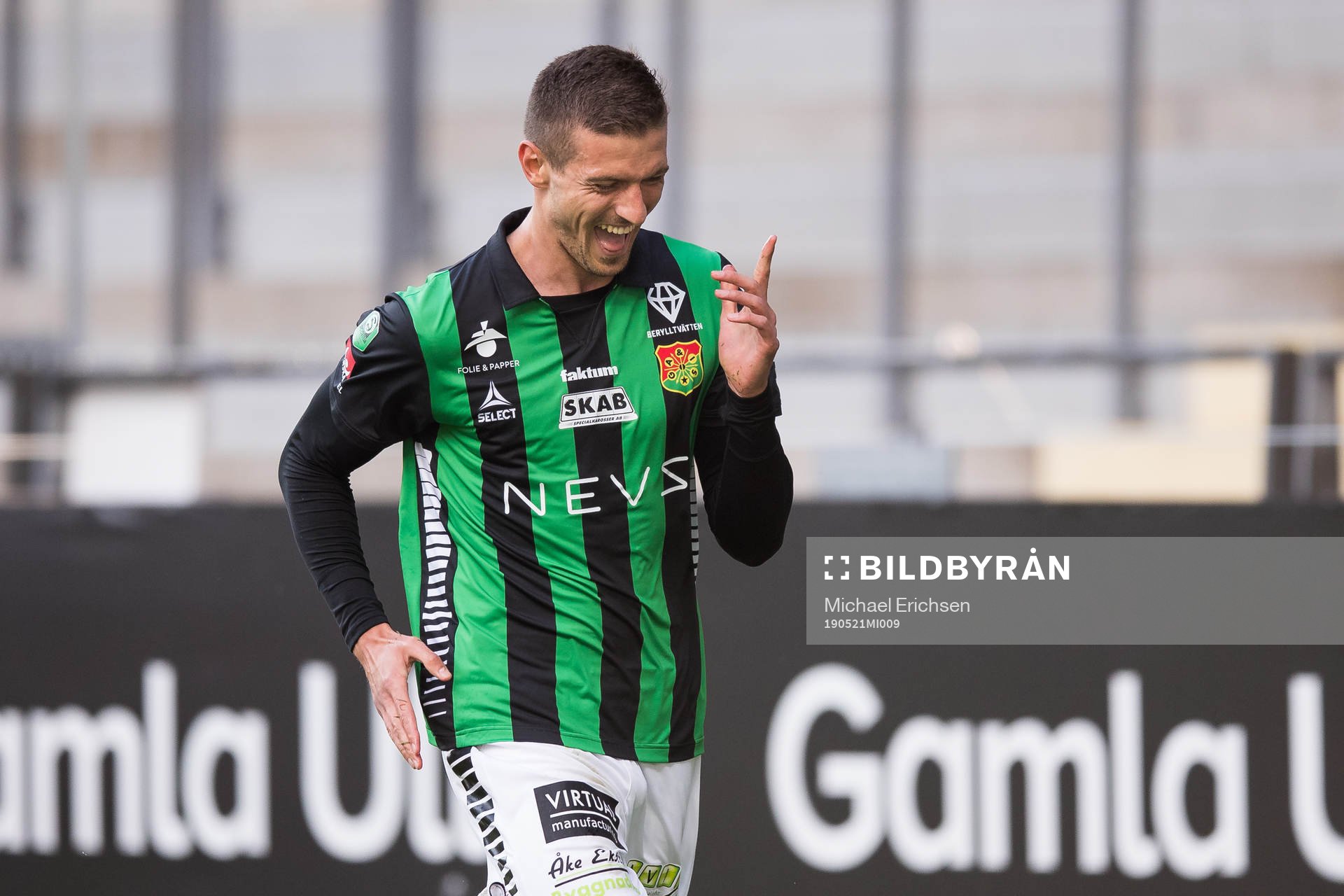 GAIS Nikola Asceric jublar efter 1-0 under fotbollsmatchen i Superettan mellan GAIS och Västerås den 21 maj 2019 i Göteborg.