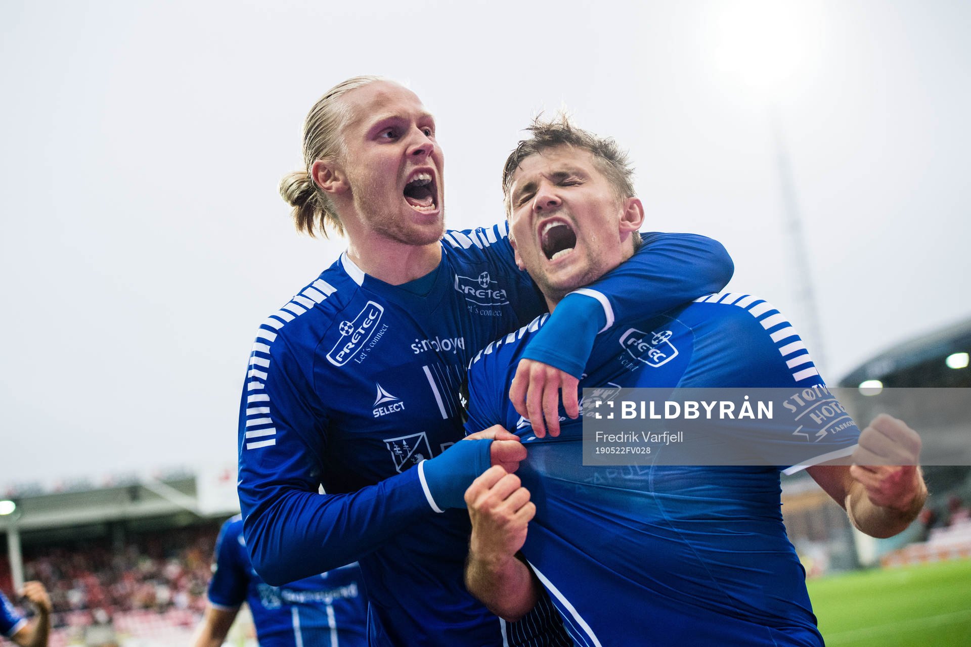 Steffen Lie Skålevik and Lars-Jörgen Salvesen of Sarpsborg 08 celebrates after scoring after 0-1 during the cup match between FFK and Sarpsborg 08 on May 22, 2019 in Fredrikstad.