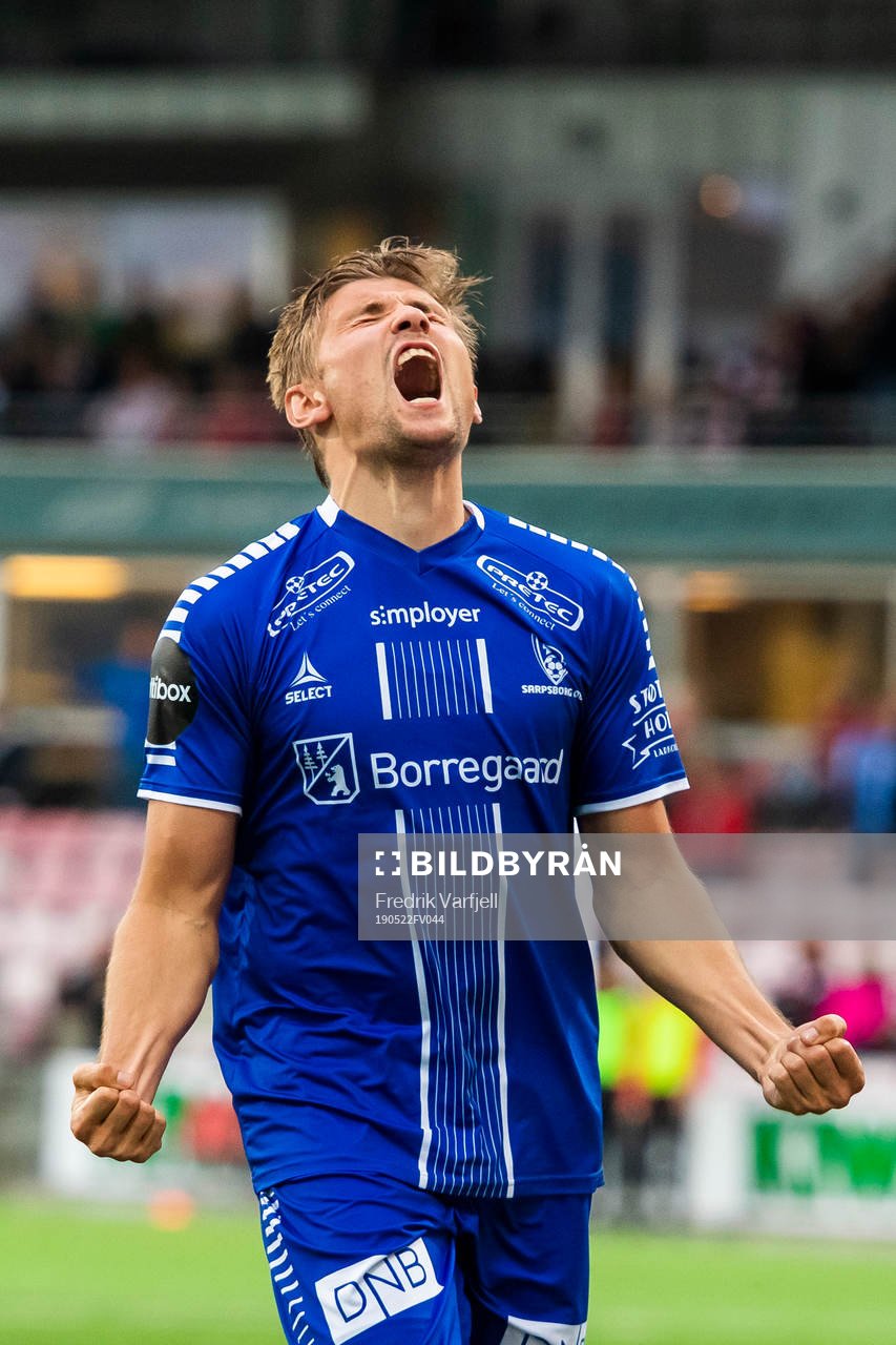 Steffen Lie Skålevik of Sarpsborg 08 celebrates after scoring 0-1 during the cup match between FFK and Sarpsborg 08 on May 22, 2019 in Fredrikstad.