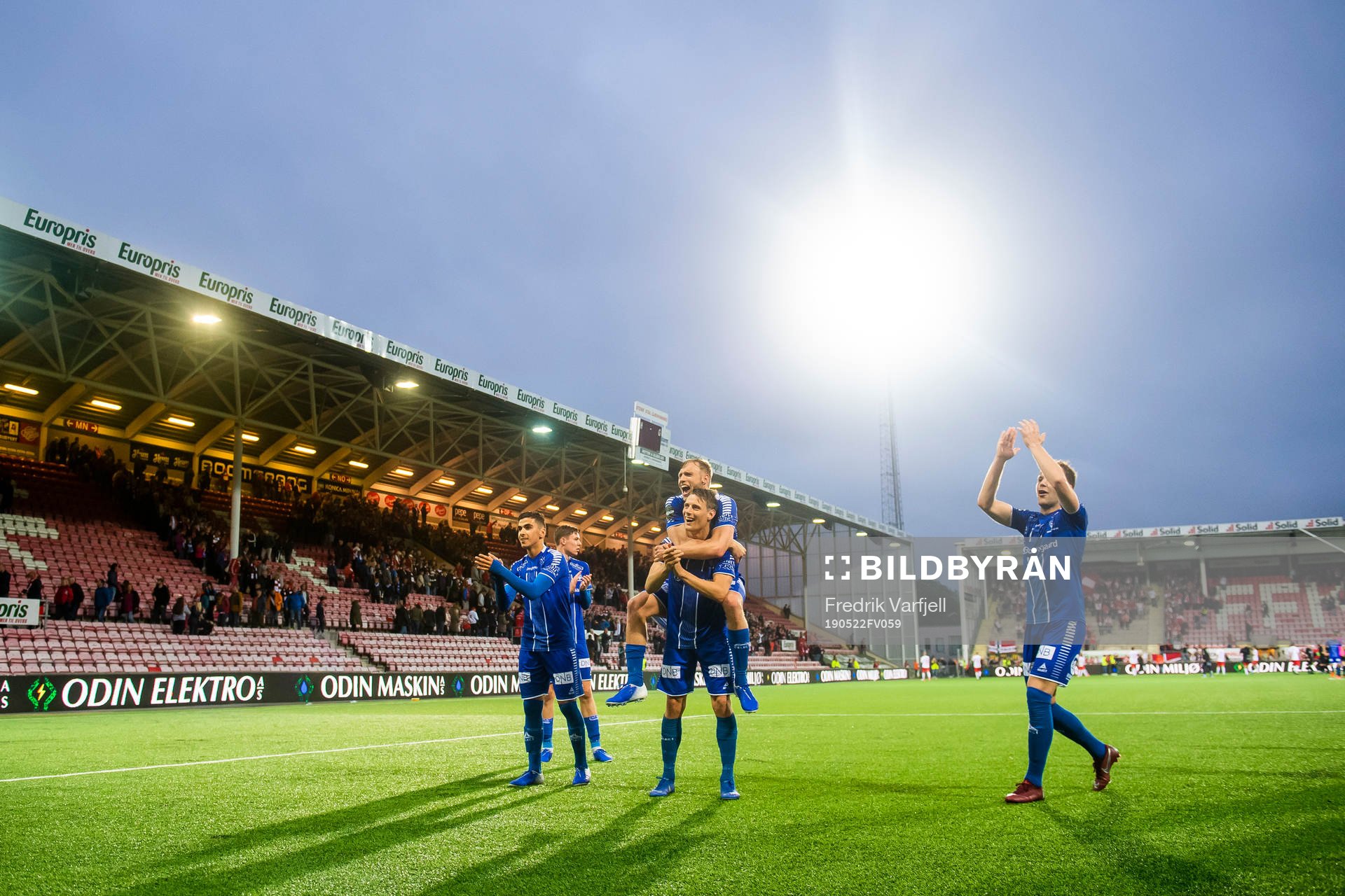 Jonathan Lindseth and Kristoffer Zachariassen celebrate after the cup match between FFK and Sarpsborg 08 on May 22, 2019 in Fredrikstad. 