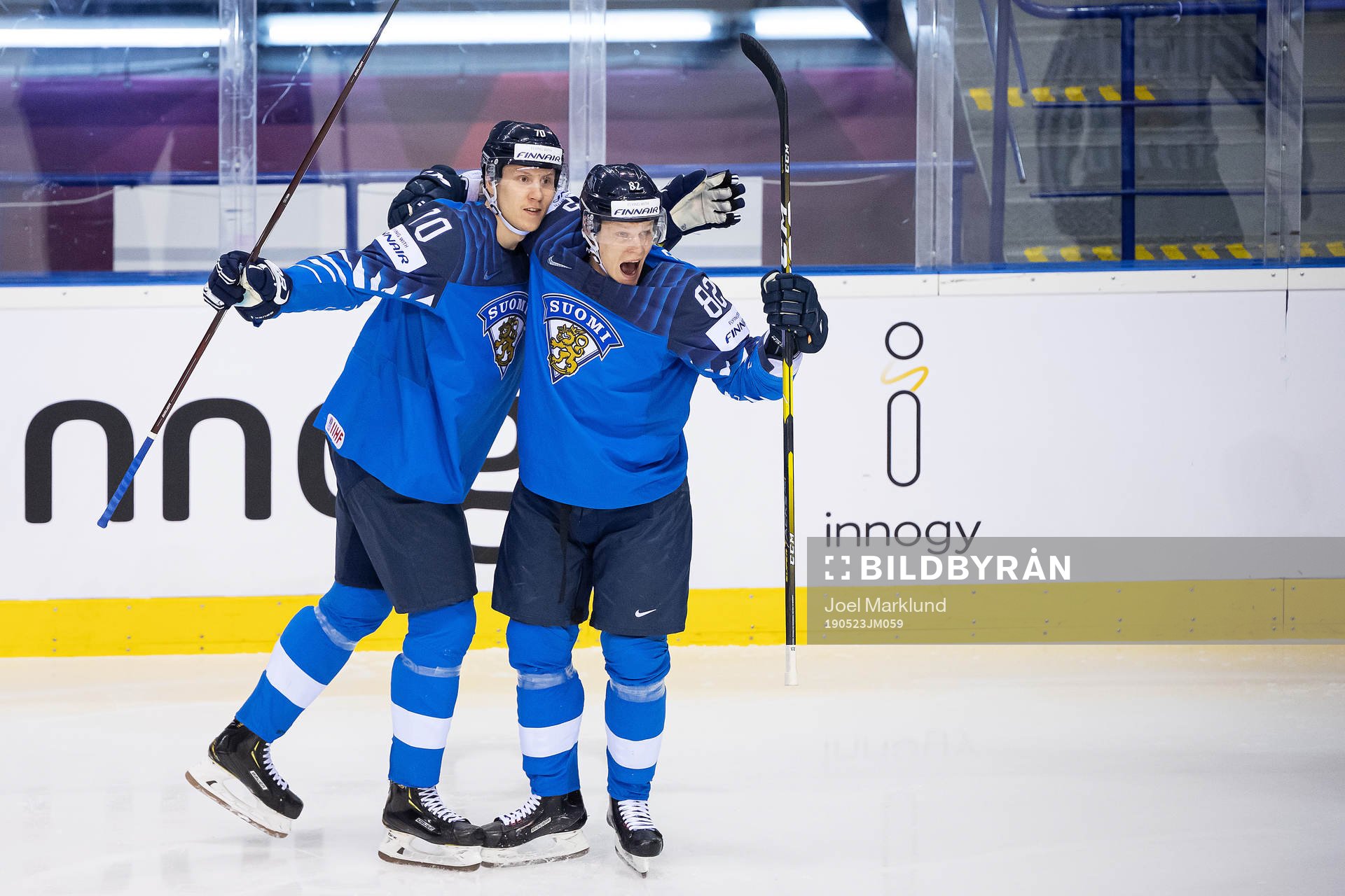 Petteri Lindbohm and Harri Pesonen of Finland celebrates 1-0